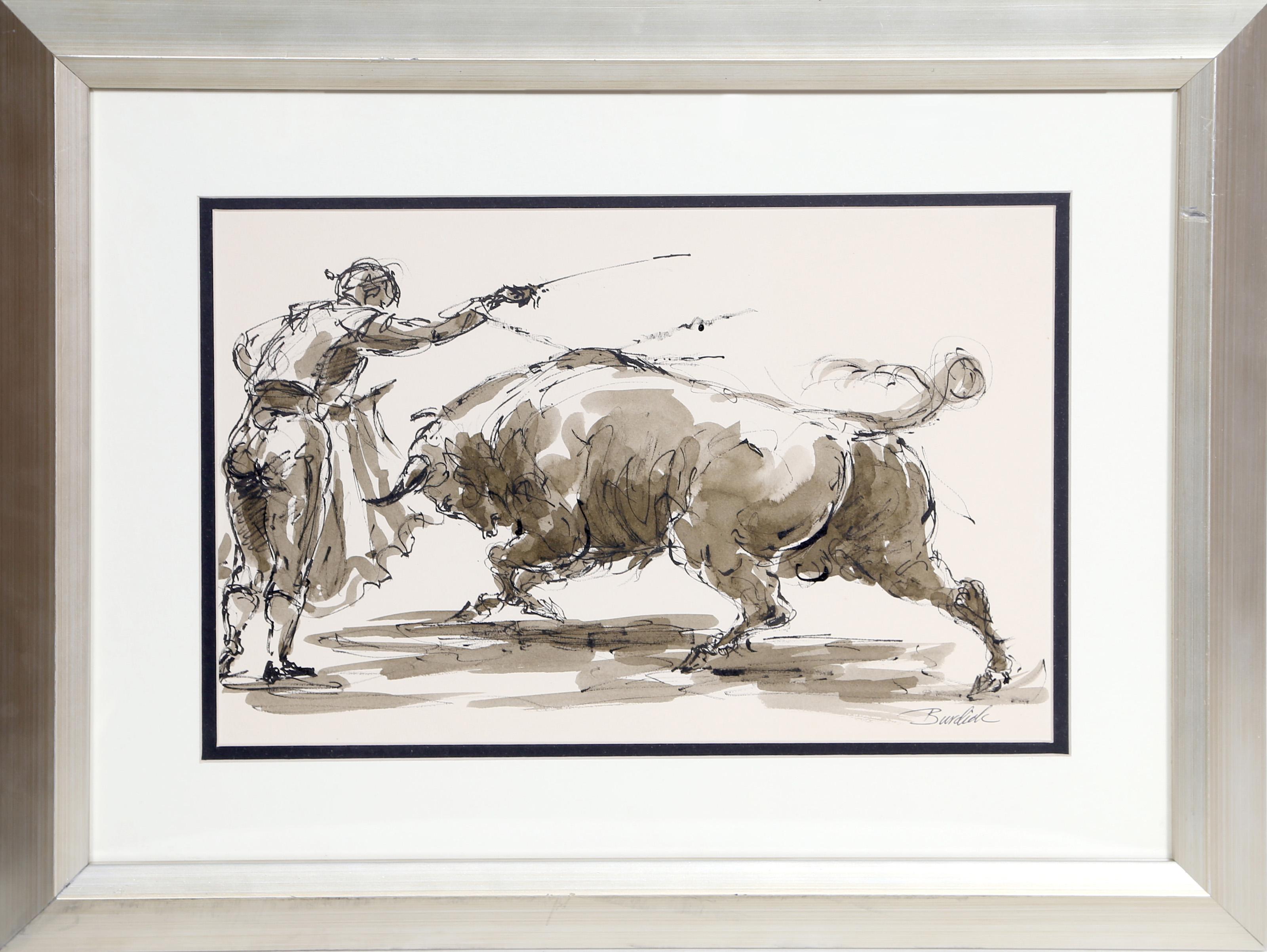 Charles Burdick, American (1924 - ) - Bull Fighter, Year:  circa 1970, Medium:  Ink on paper, signed, Size:  9.5 in. x 14.5 in. (24.13 cm x 36.83 cm), Frame Size:  16.5 x 22 inches