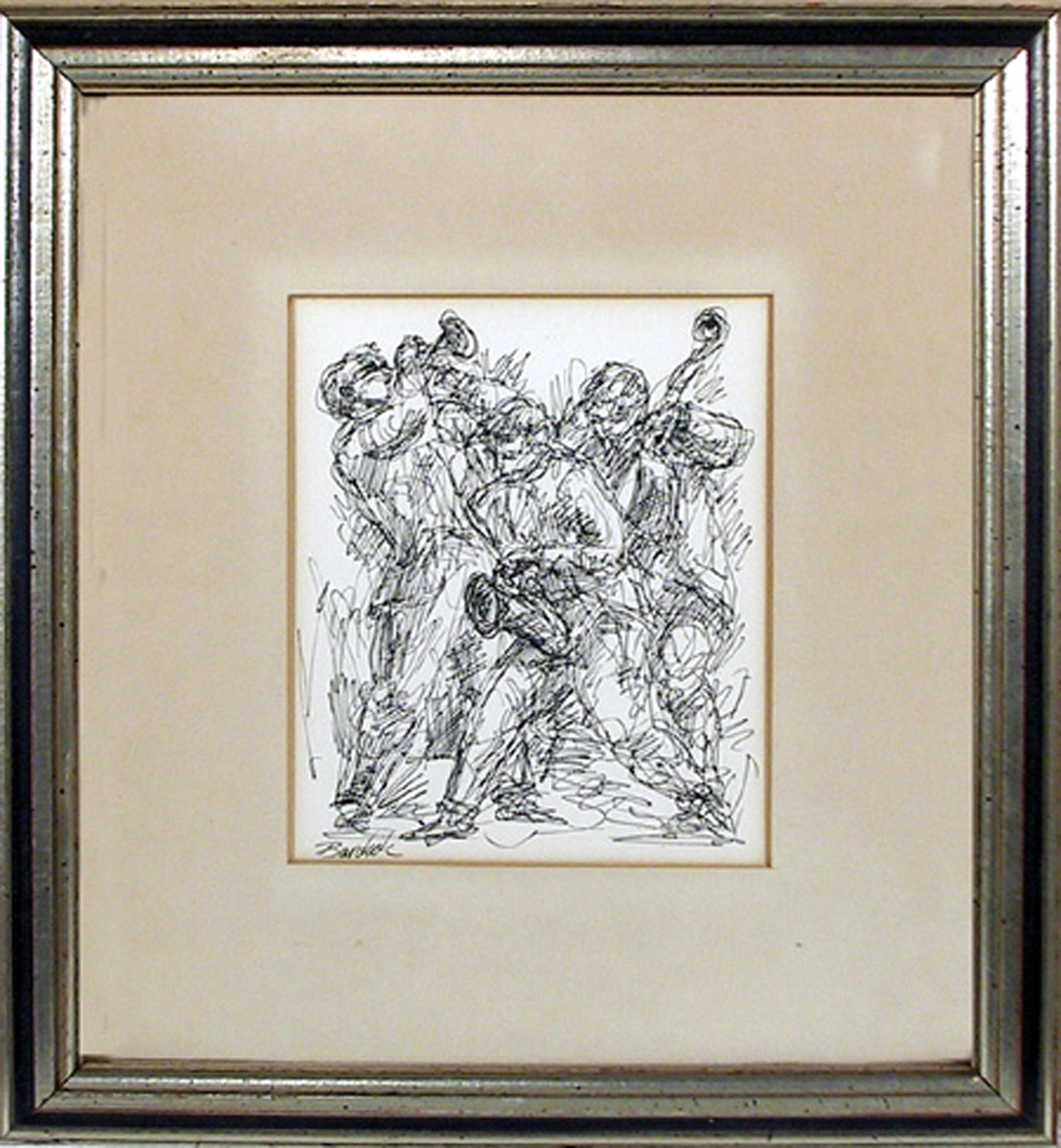 Charles Burdick, Américain (1924 - ) - Jazz Band III, Année :  circa 1970, Medium :  Encre sur papier, signée à gauche, Taille :  7 po x 5,5 po (17,78 cm x 13,97 cm), Taille du cadre :  14 x 13 pouces
