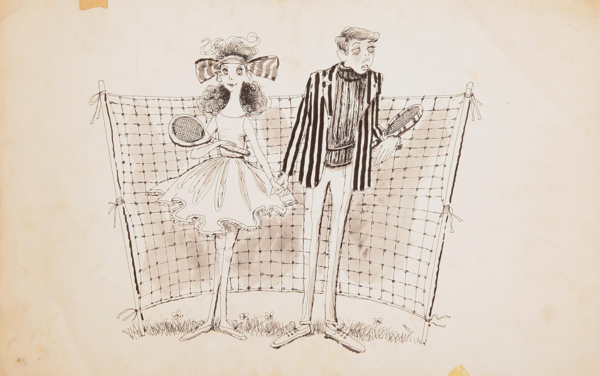 Marshall Goodman Figurative Art – Tennispaar / Peter Painter, doppelseitige Tuschezeichnung nach Volkskunst von Marshall Goo
