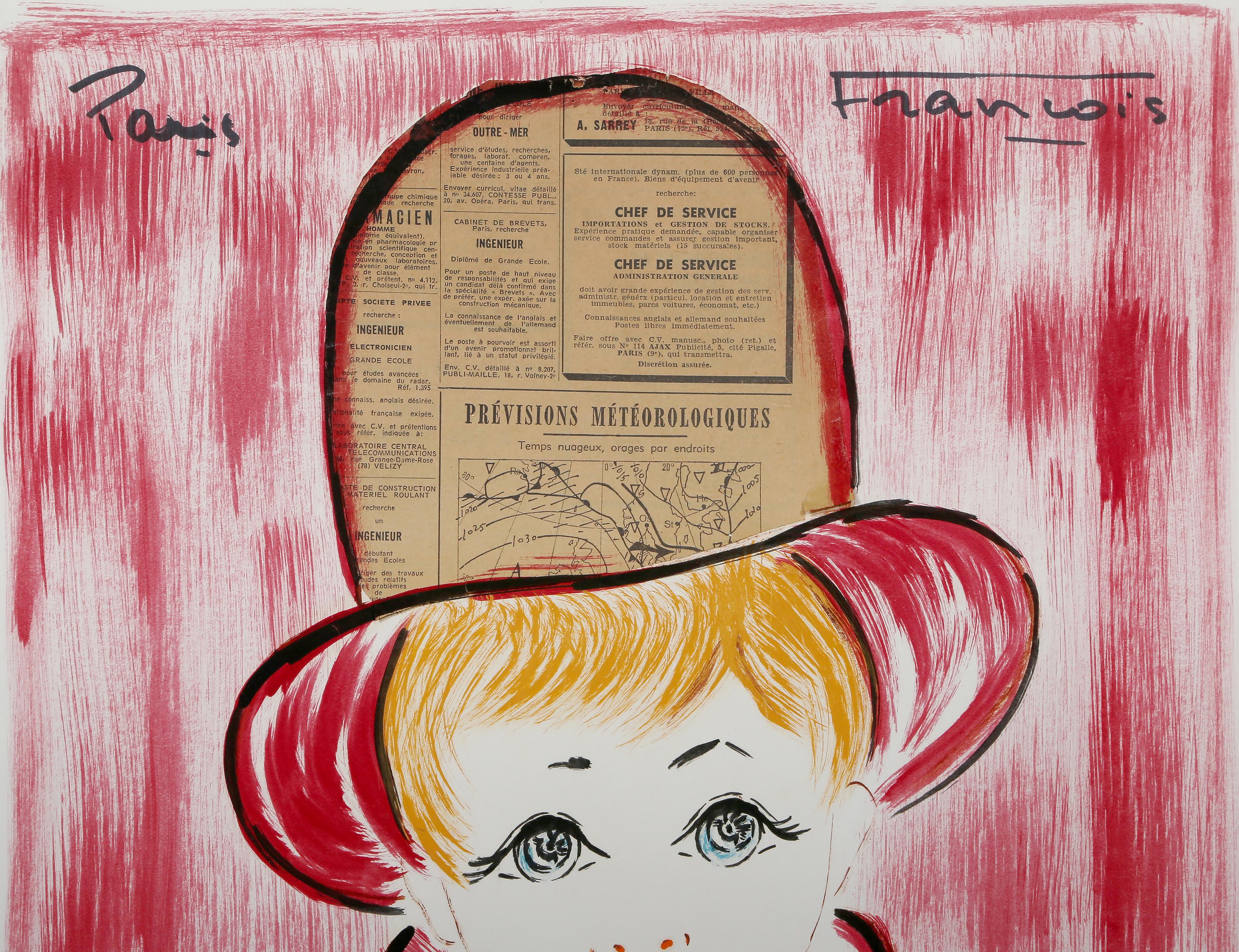 Chico de rojo, pintura acrílica moderna y collage sobre papel de François Paris - Art de Francois Paris