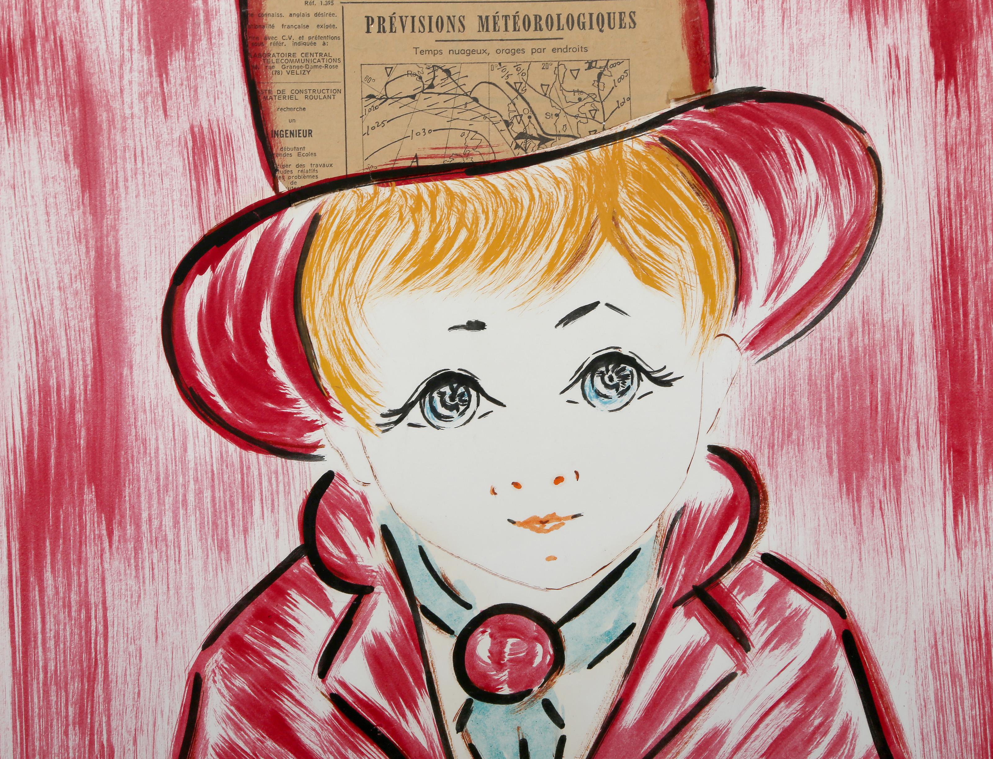 Chico de rojo, pintura acrílica moderna y collage sobre papel de François Paris - Portrait Beige de Francois Paris