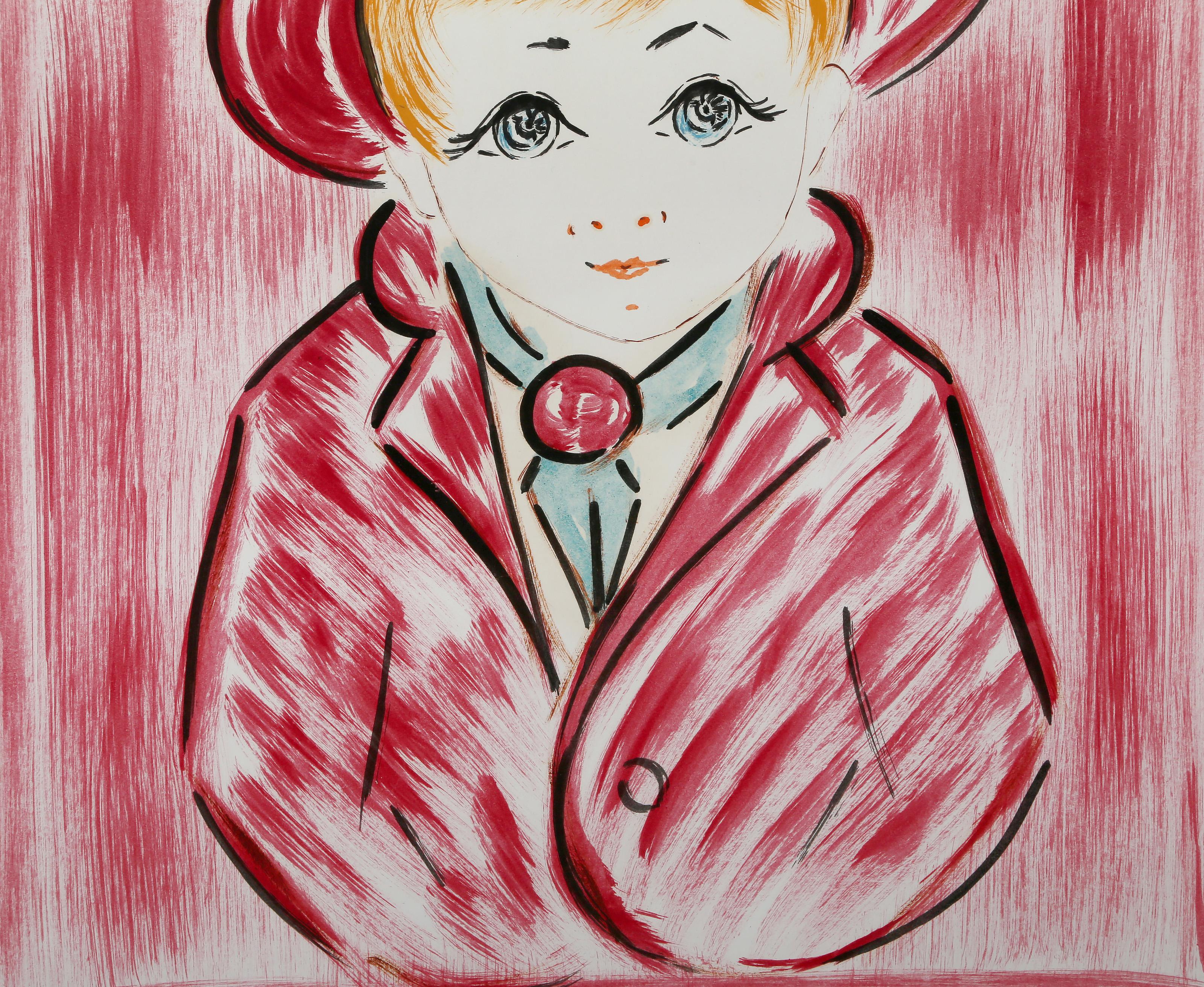 Chico de rojo, pintura acrílica moderna y collage sobre papel de François Paris - Art Moderno de Francois Paris