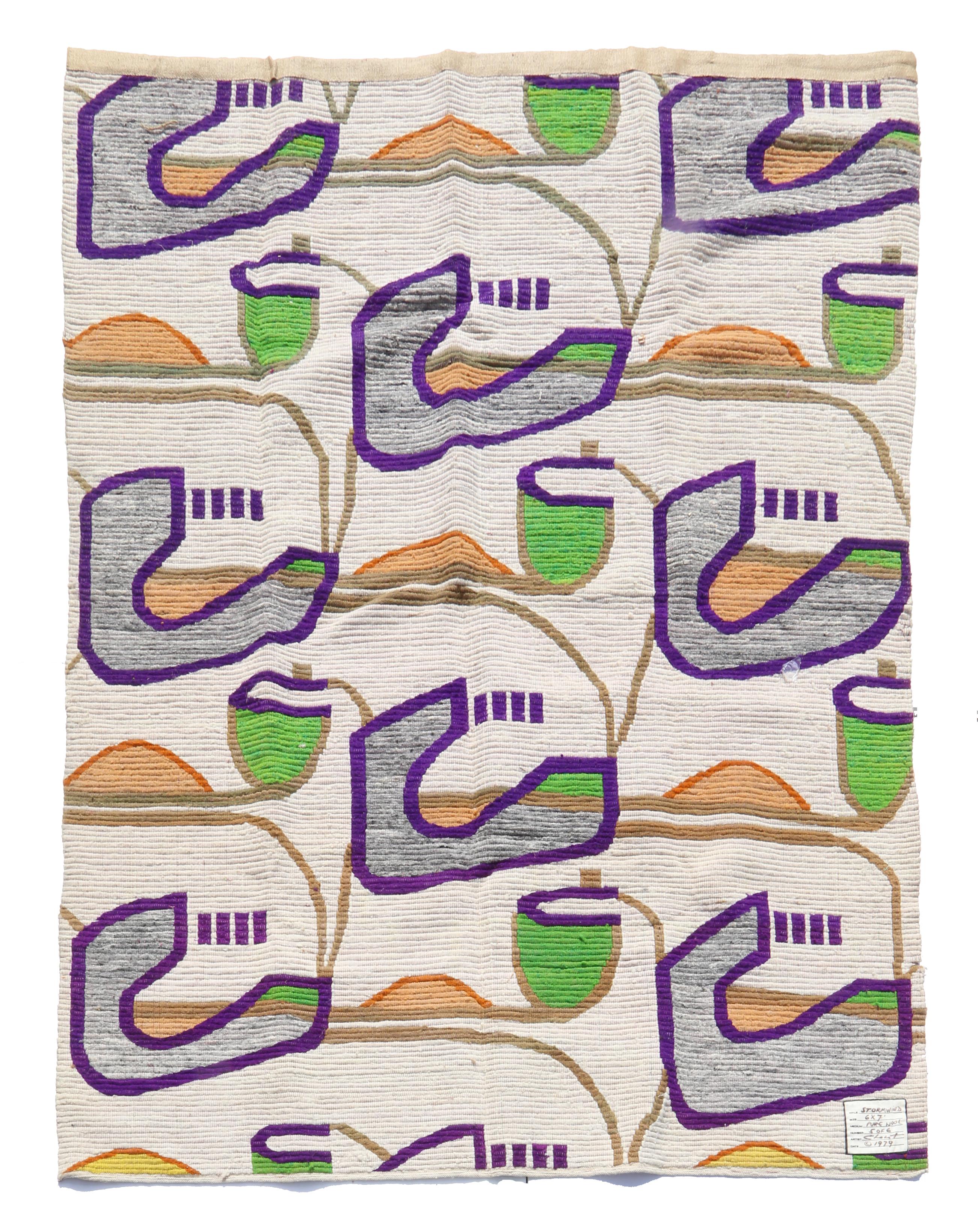 Artist: Charles Chamot
Title: Stormwind
Year: 1979
Medium: Woven Wool Tapestry, signed and numbered on label, verso
Edition: 5/6
Size: 72 x 84 inches