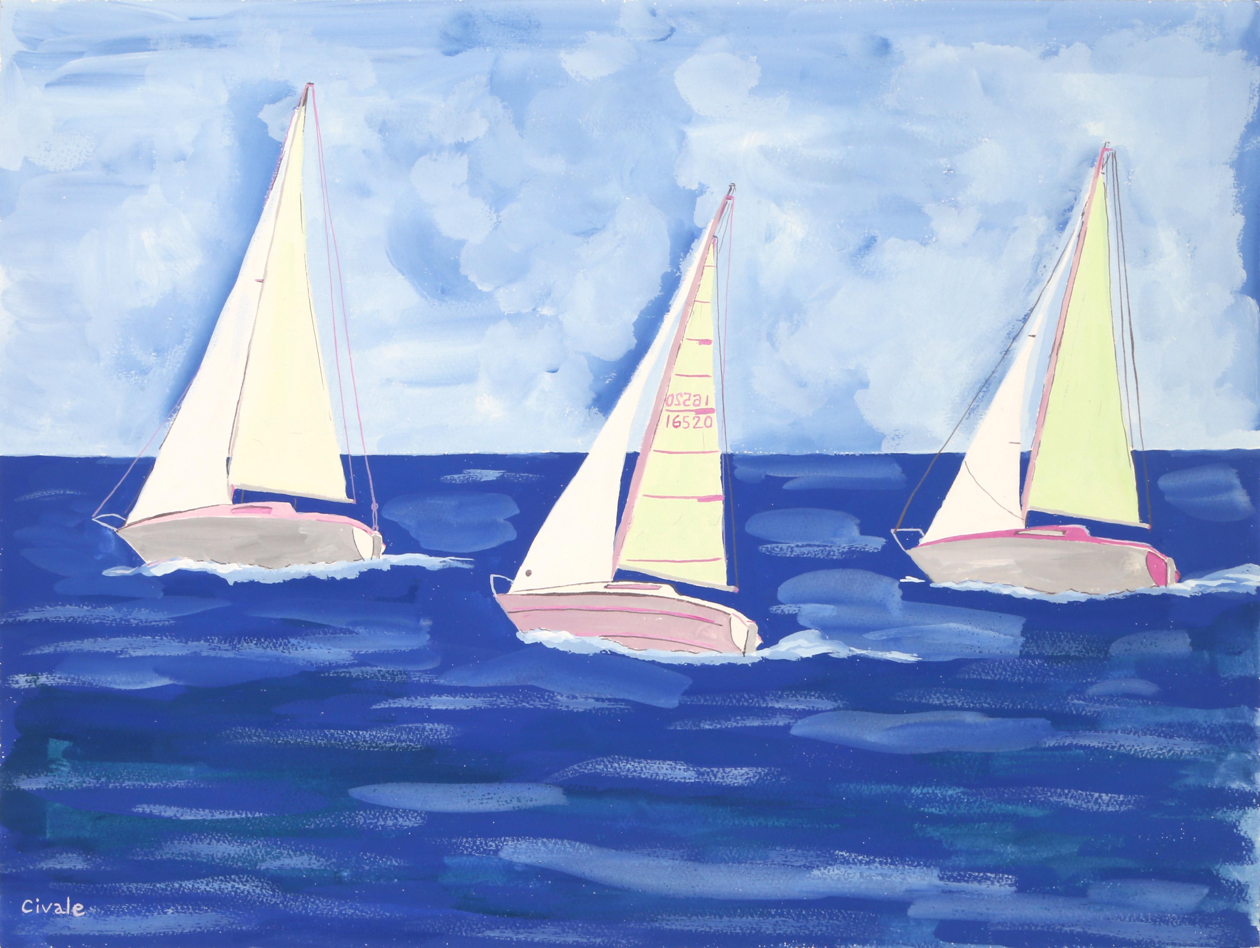 Drei Segelboote, Moderne Tempera auf Papier von Biagio Civale