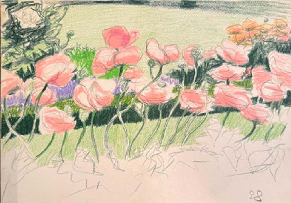Pink FLowers, Signed Crayon on Paper Still Life by Emilio Sanchez