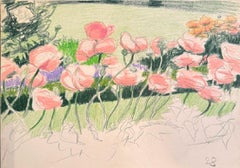 Fiori rosa, Natura morta su carta firmata con pastello da Emilio Sanchez