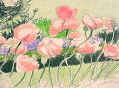 Fiori rosa, Natura morta su carta firmata con pastello da Emilio Sanchez