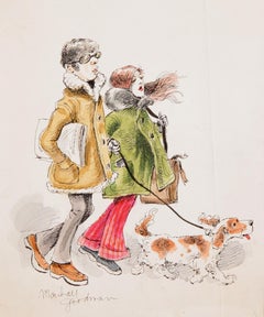New York Couple Walking Dog, Original Signed Watercolor by Marshall Goodman