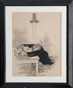 Hanging by a Hair, Original 1900's Political Cartoon Drawing