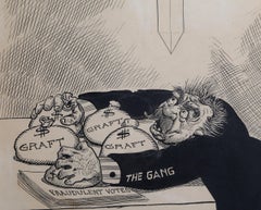 Hanging by a Hair, Original 1900's Political Cartoon Drawing