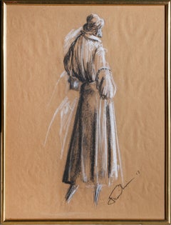 Long Coat Fashion Sketch, Signed Pastel Fashion Illustration by Fausto Sarli