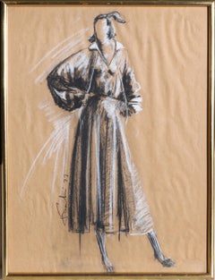 Overcoat Fashion Sketch, Signed Pastel Fashion Illustration by Fausto Sarli