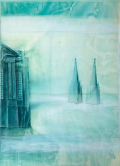 Green Church Towers, Signed Surrealist Drawing with Wash by Peter Paul