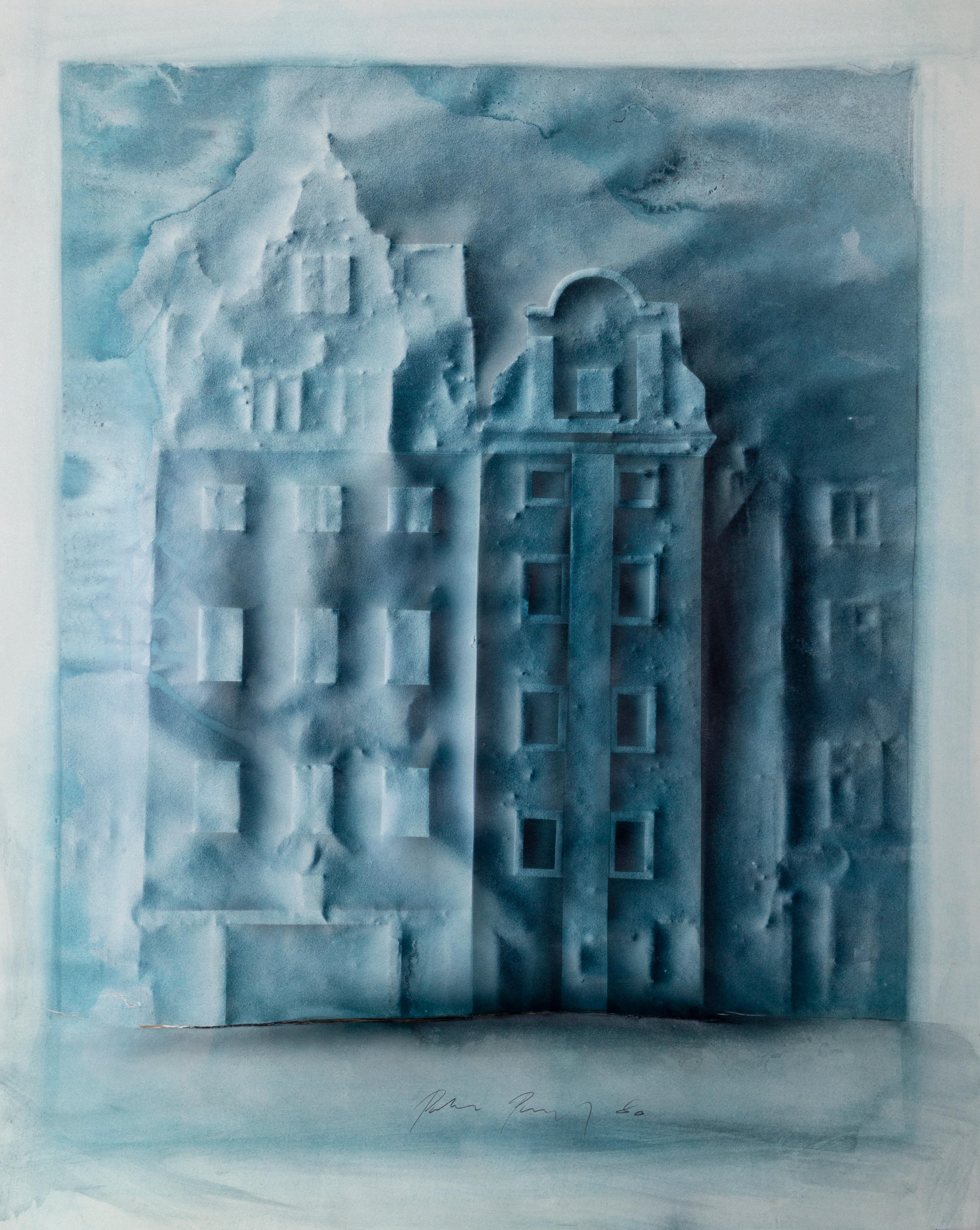 Blue Houses, Signed Surrealist Drawing with Wash by Peter Paul