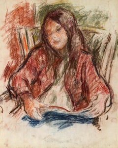 Seated Girl, American Impressionist Pastel Drawing by Robert Philipp