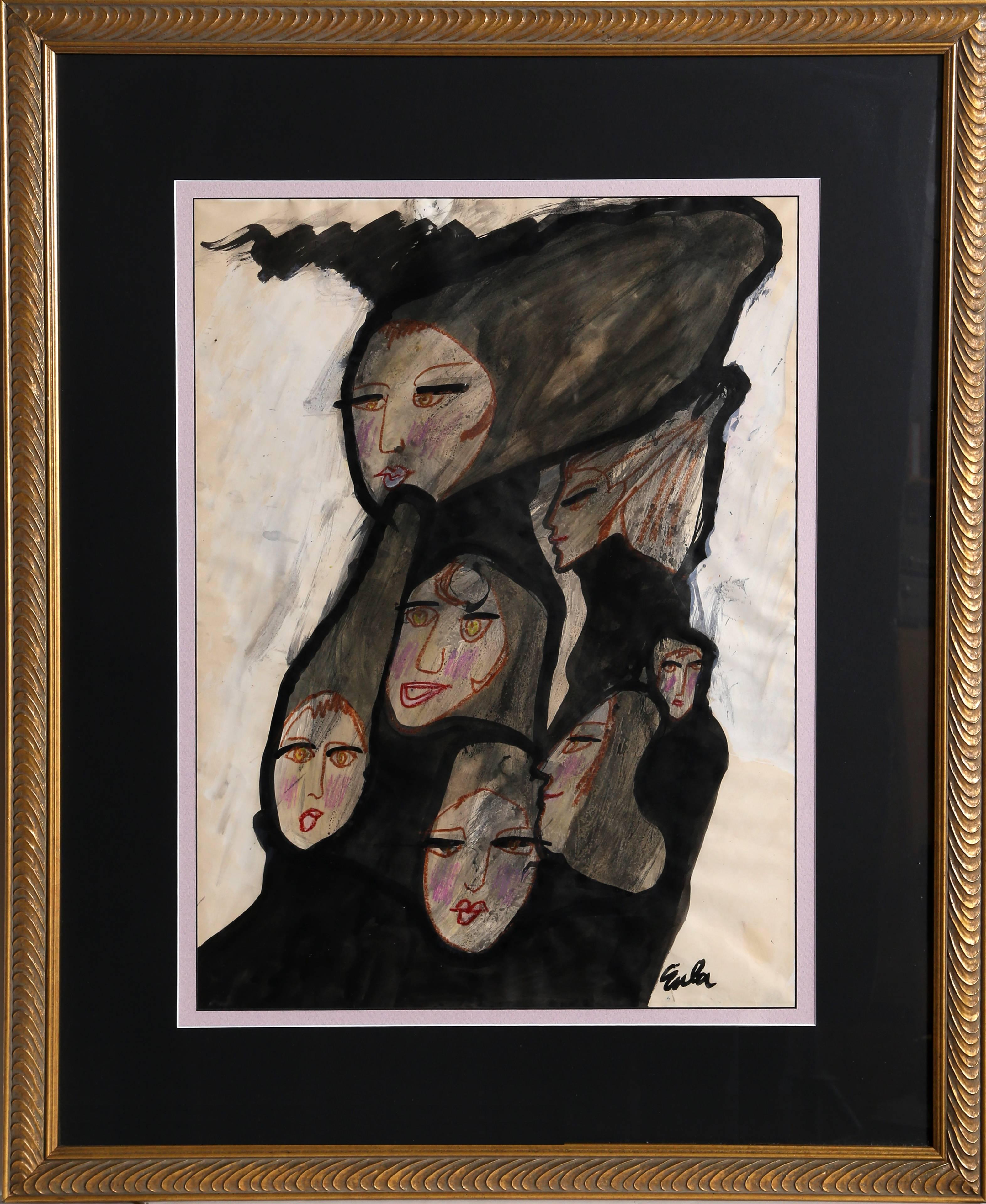 Artist: Joe Eula, American (1925 - 2004)
Title: Faces
Year: 1965
Medium: Watercolor and Crayon on Paper, signed l.r.
Size: 23 x 17 inches
Frame: 33.5 x 27.5 inches