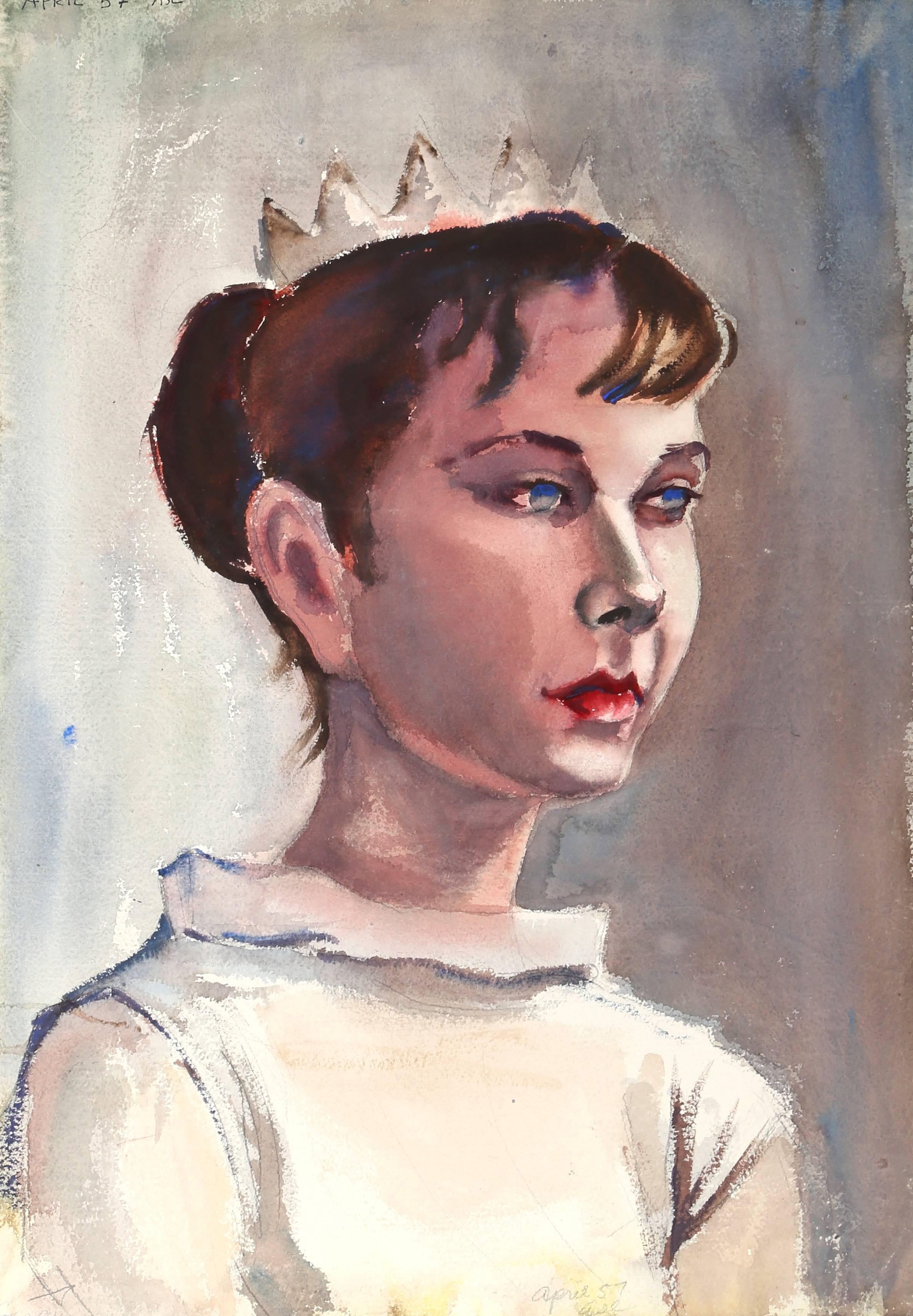 Portrait of a Girl Wearing a Crown, Double-sided Watercolor by Eve Nethercott