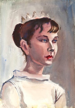 Vintage Portrait of a Girl Wearing a Crown, Double-sided Watercolor by Eve Nethercott
