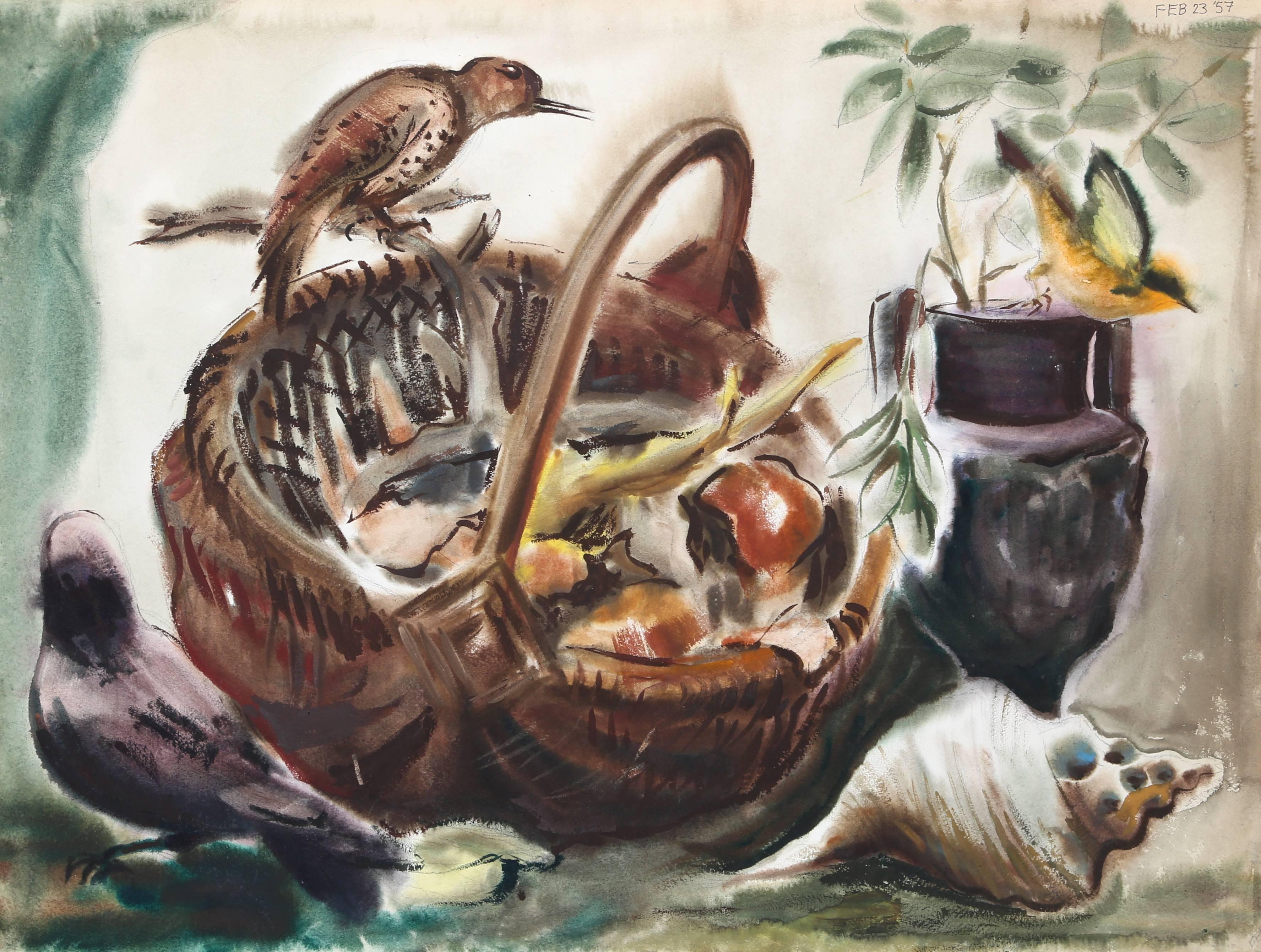 Bird on a Basket, Watercolor by Eve Nethercott