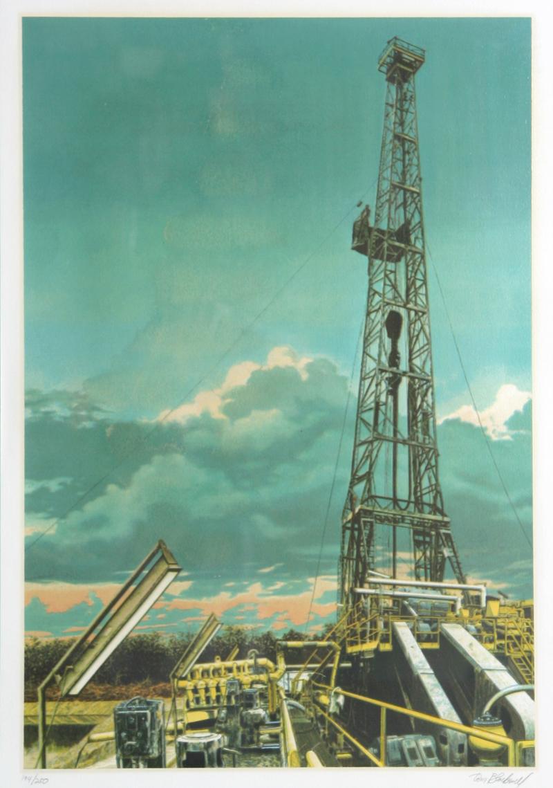 Artistics : Tom Blackwell, Américain (1938 -  )
Titre : Puits de pétrole
Année : 1981
Moyen :	Sérigraphie, signée et numérotée au crayon
Edition : 250
Format du papier : 30 x 22 pouces (76,2 x 55,88 cm)