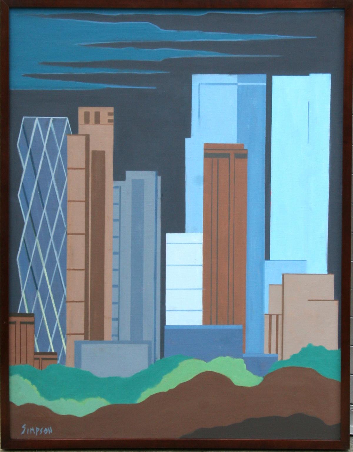 Artiste : Allan Simpson, américain (1935 - )
Titre : Centre-ville de New York 
Année : vers 1996
Moyen : Huile sur toile, signé à gauche. 
Taille : 39 in. x 30 in. (99,06 cm x 76,2 cm)