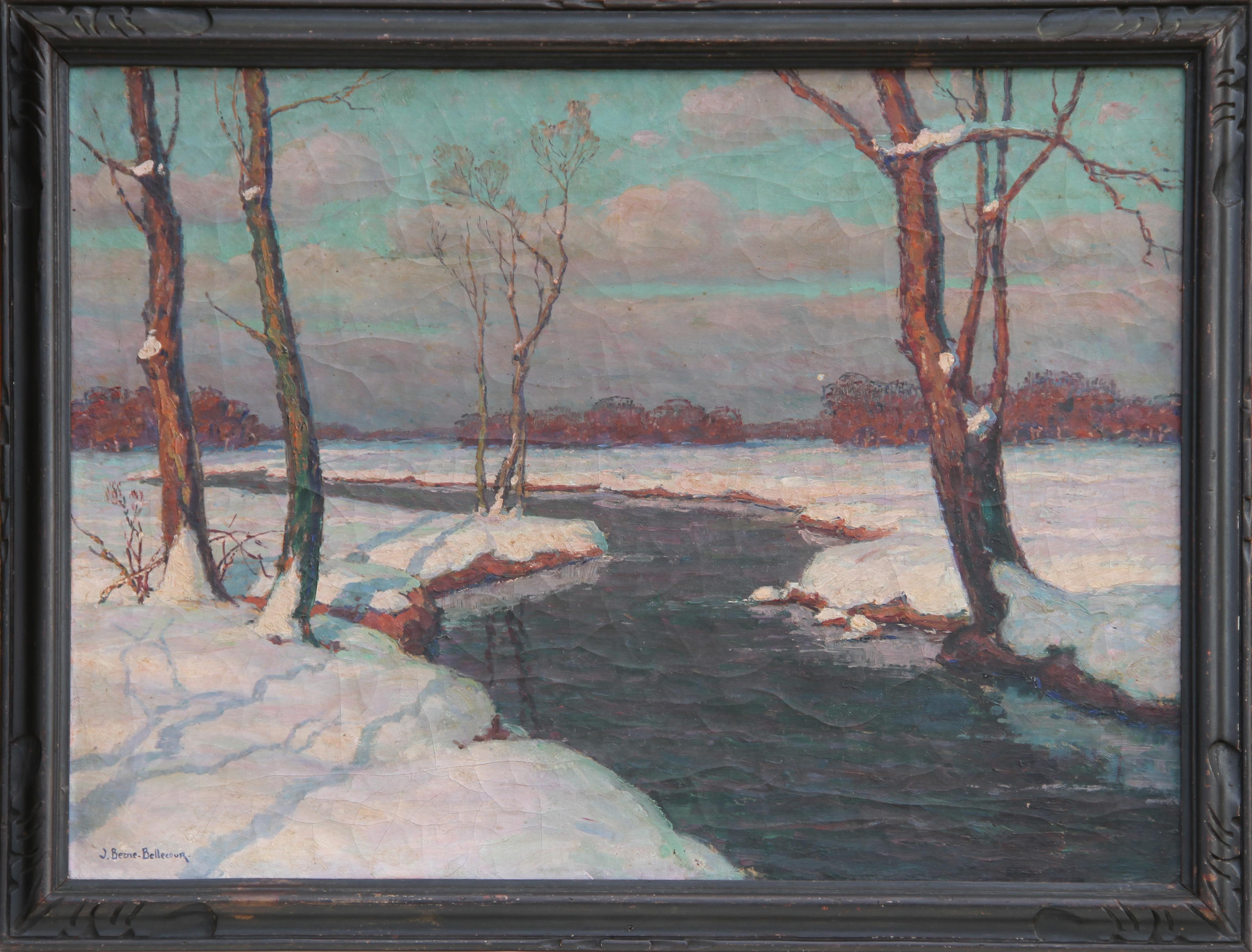 Artista: Jean-Jacques Berne-Bellecour, francese (1874-1939)
Titolo:	Senza titolo - Paesaggio fluviale innevato
Anno: circa 1920
Media:	Olio su tela, firmato a sinistra.
Dimensioni: 21,5 x 29 pollici (54,61 cm x 73,66 cm)
Dimensioni della cornice: 24