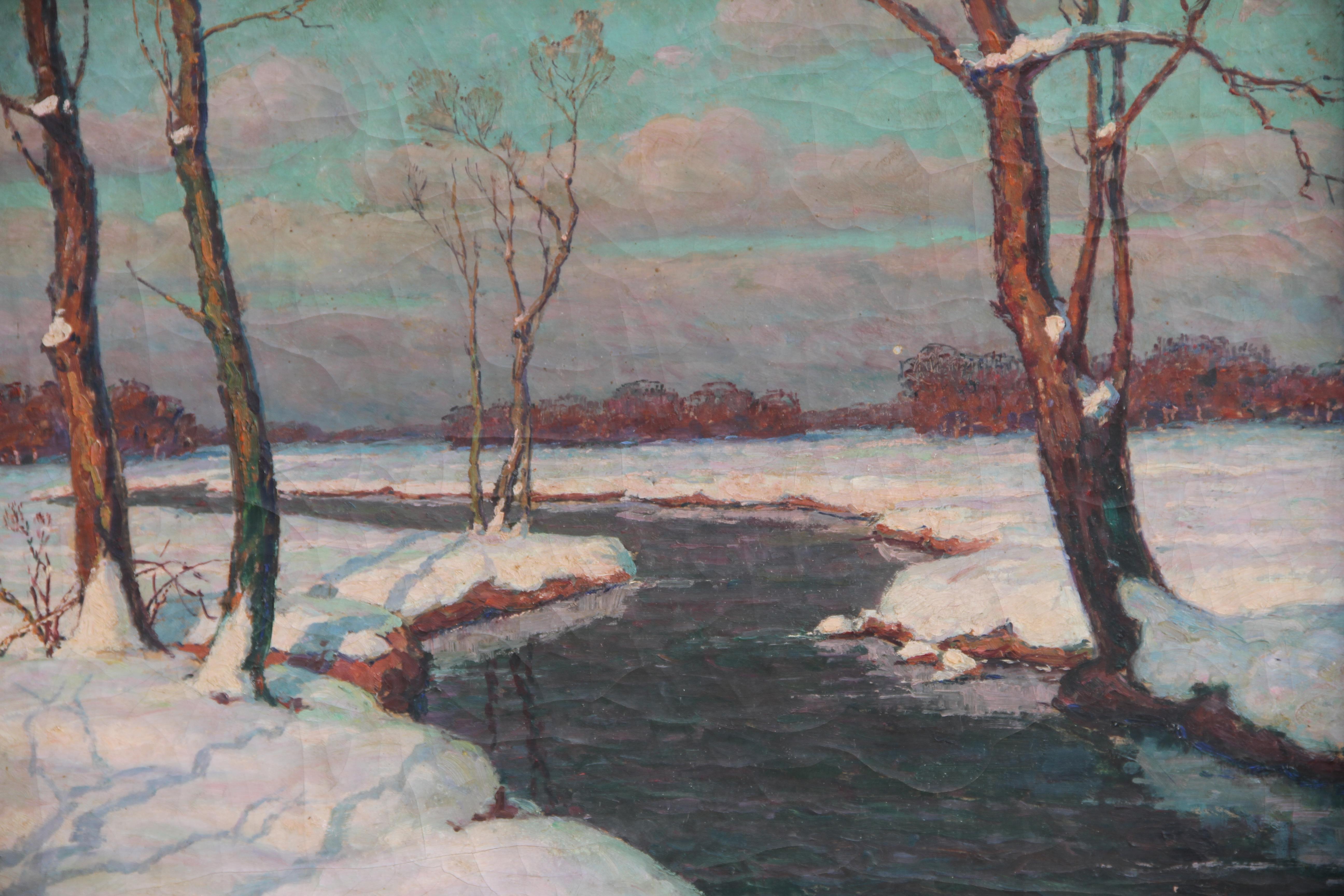 Paesaggio fluviale innevato, pittura a olio di Jean-Jacques Berne-Bellecour in vendita 3