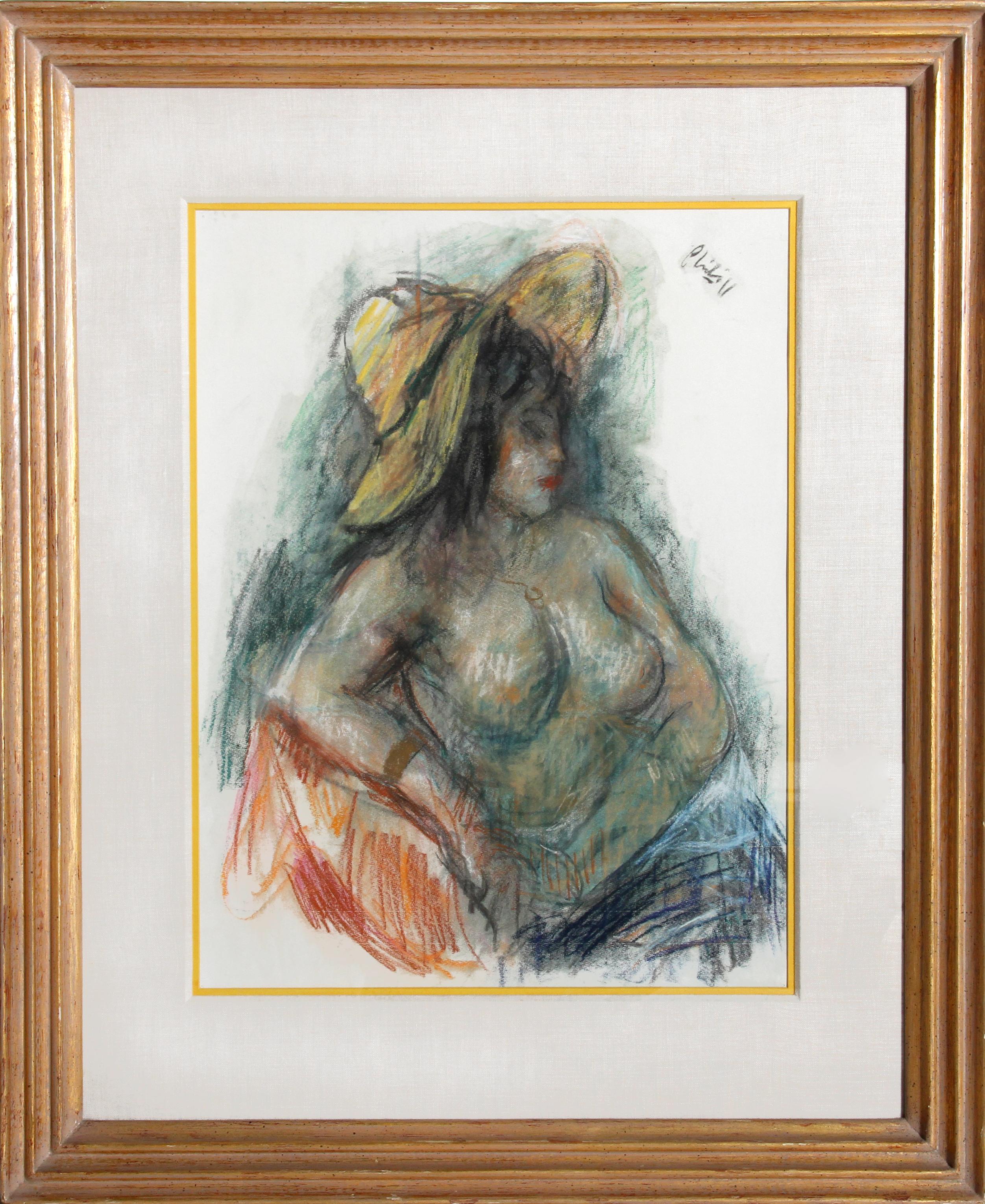 Sitzende nackte Frau mit gelbem Hut, pastellfarbene Zeichnung von Robert Philipp