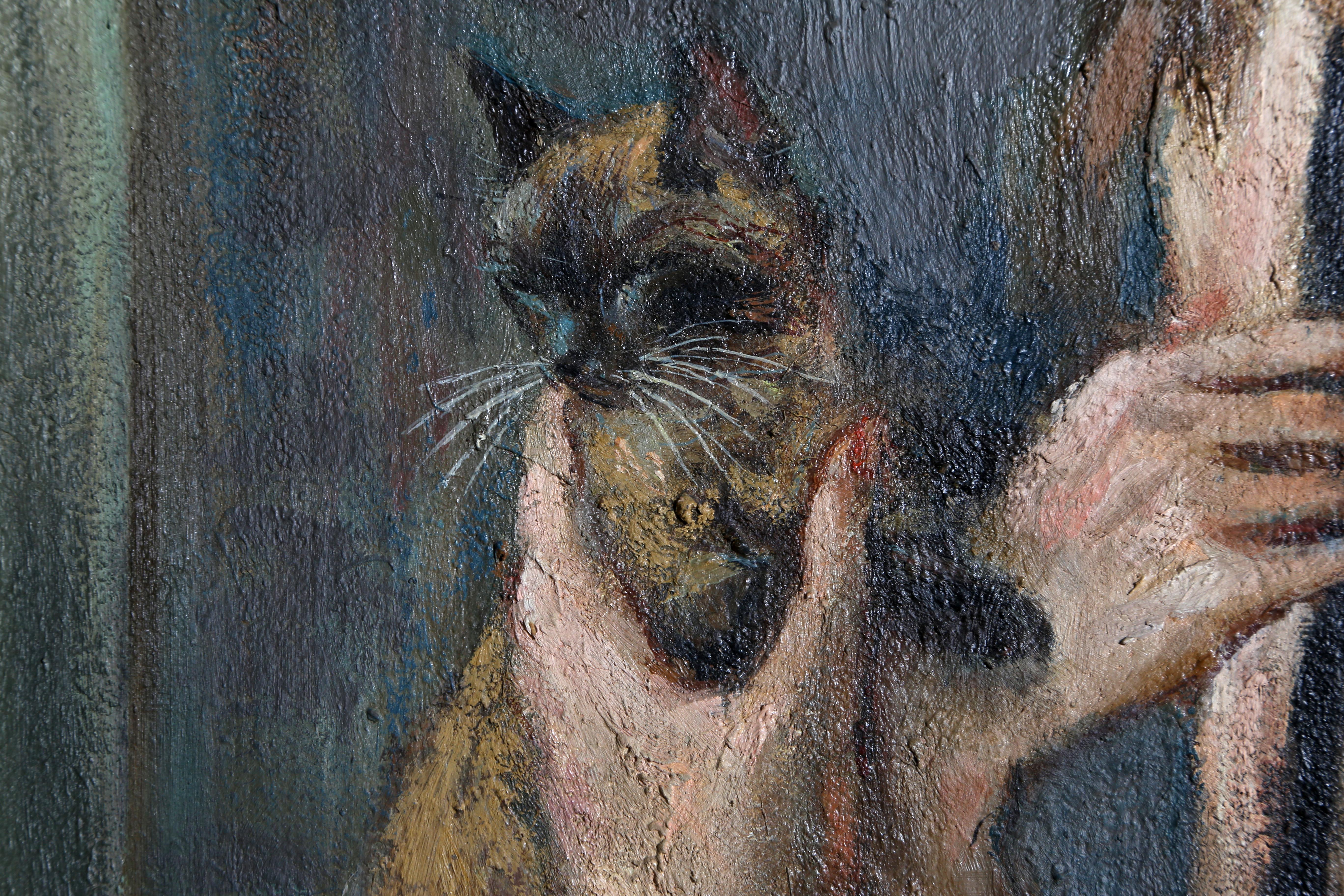 Woman with Cat - Painting by Marshall Goodman