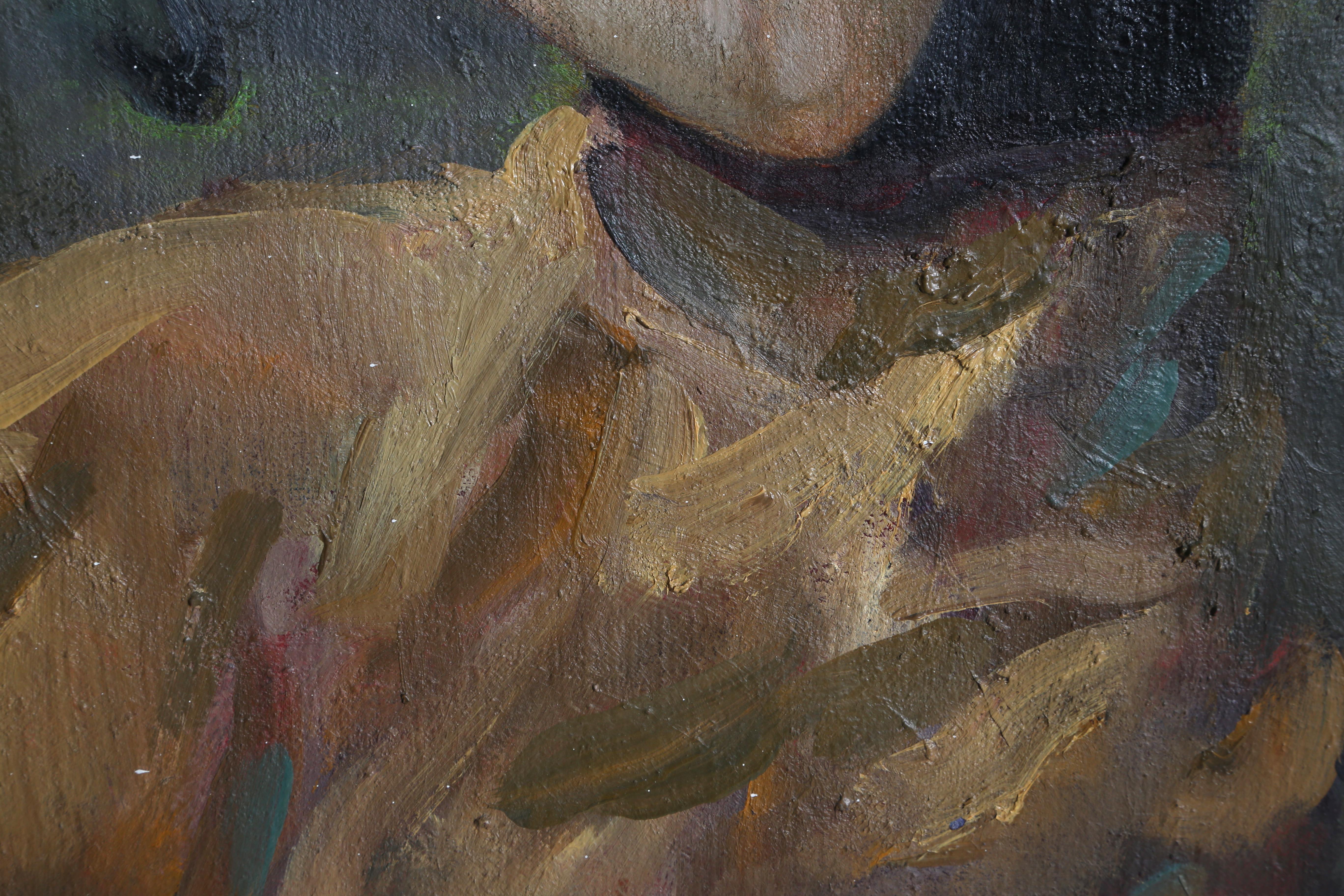 Donna con gatto - Figurative Painting Marrone di Marshall Goodman
