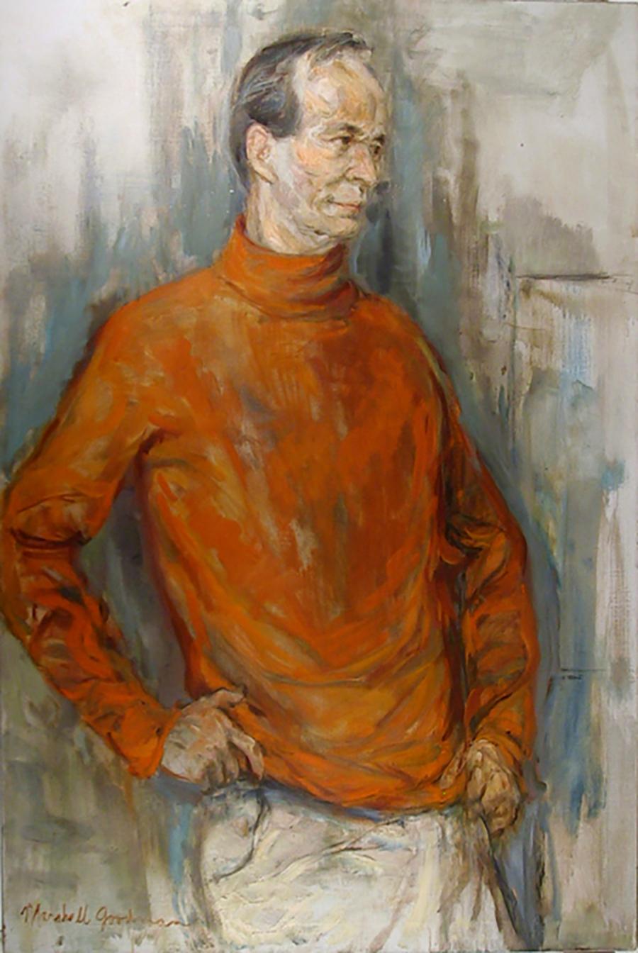 Künstler: Marshall Goodman, Amerikaner (1916 - 2003)
Titel: Selbstporträt
Jahr: um 1960
Medium: Öl auf Leinwand, signiert v.l.n.r.
Abmessungen: 48  x 30 in. (121.92  x 76,2 cm)