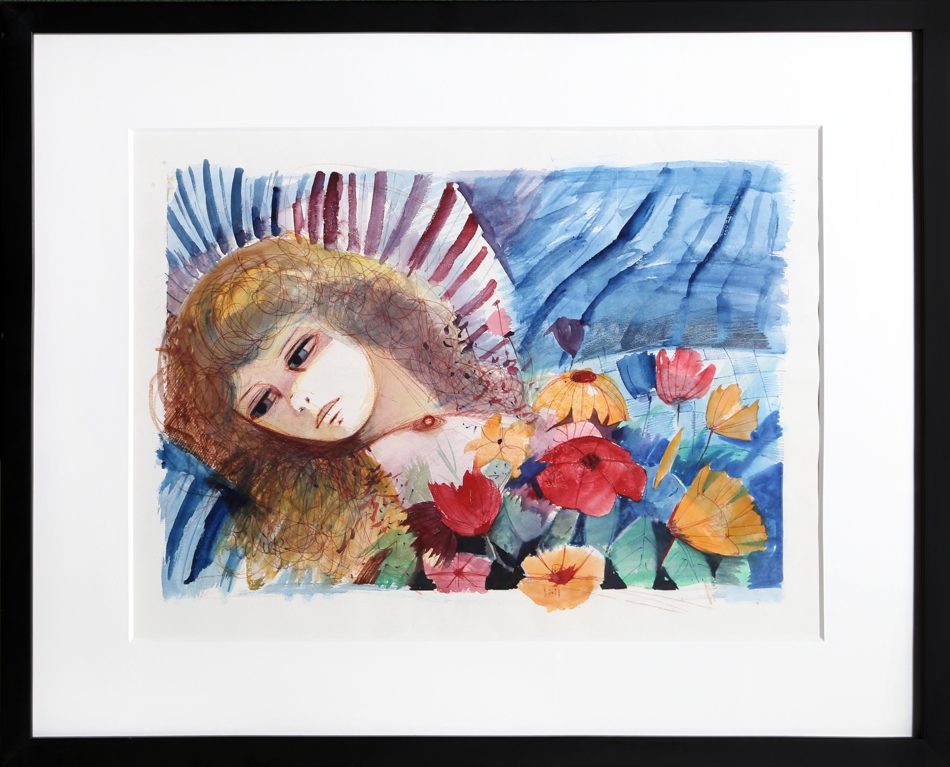 Liegende Frau und Blumen, Aquarellgemälde von Charles Levier im Angebot 1