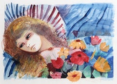 Vintage Reclining Woman and Flowers, Watercolor Painting by Charles Levier