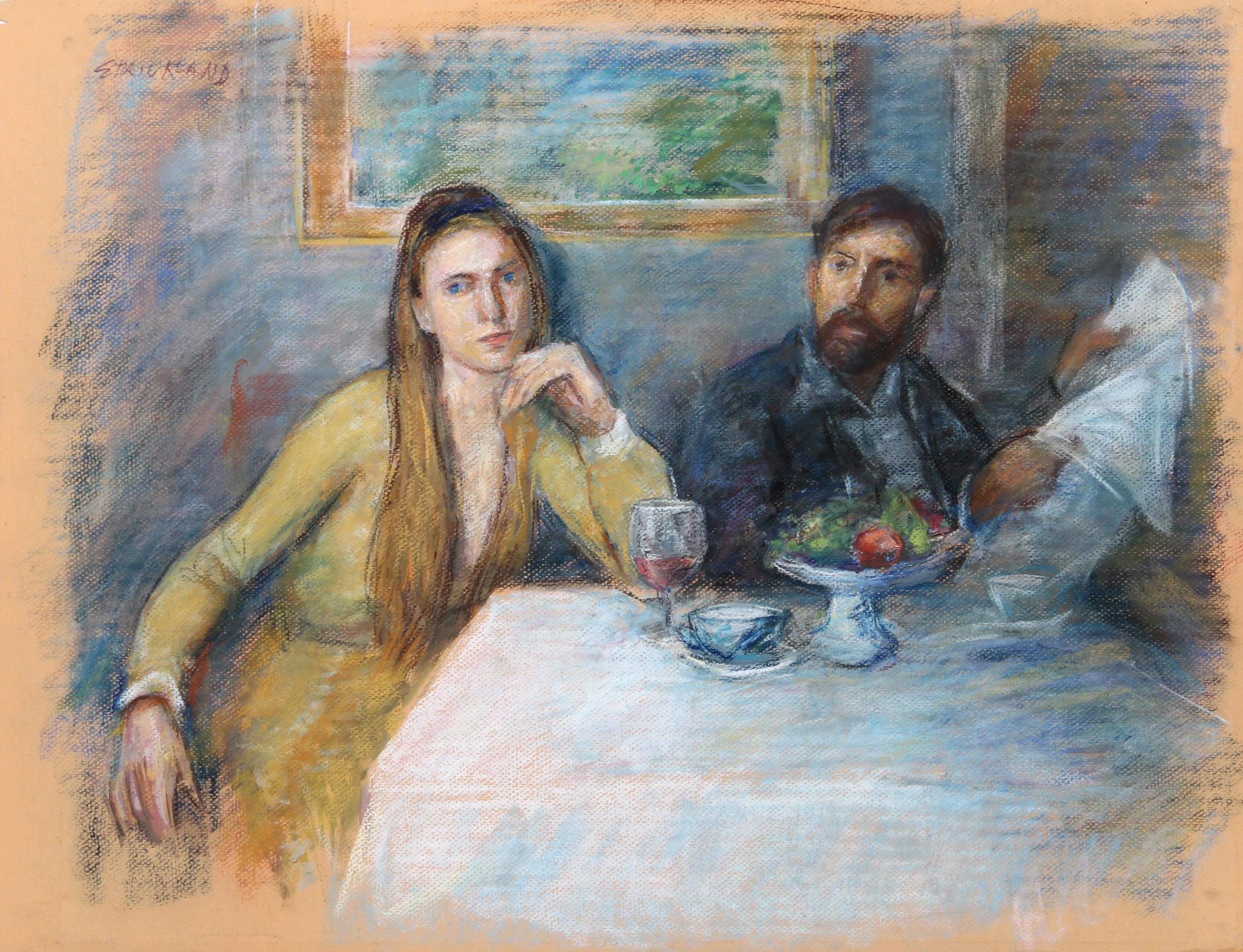 Paar am Tisch, pastellfarbene Zeichnung von Thomas Strickland