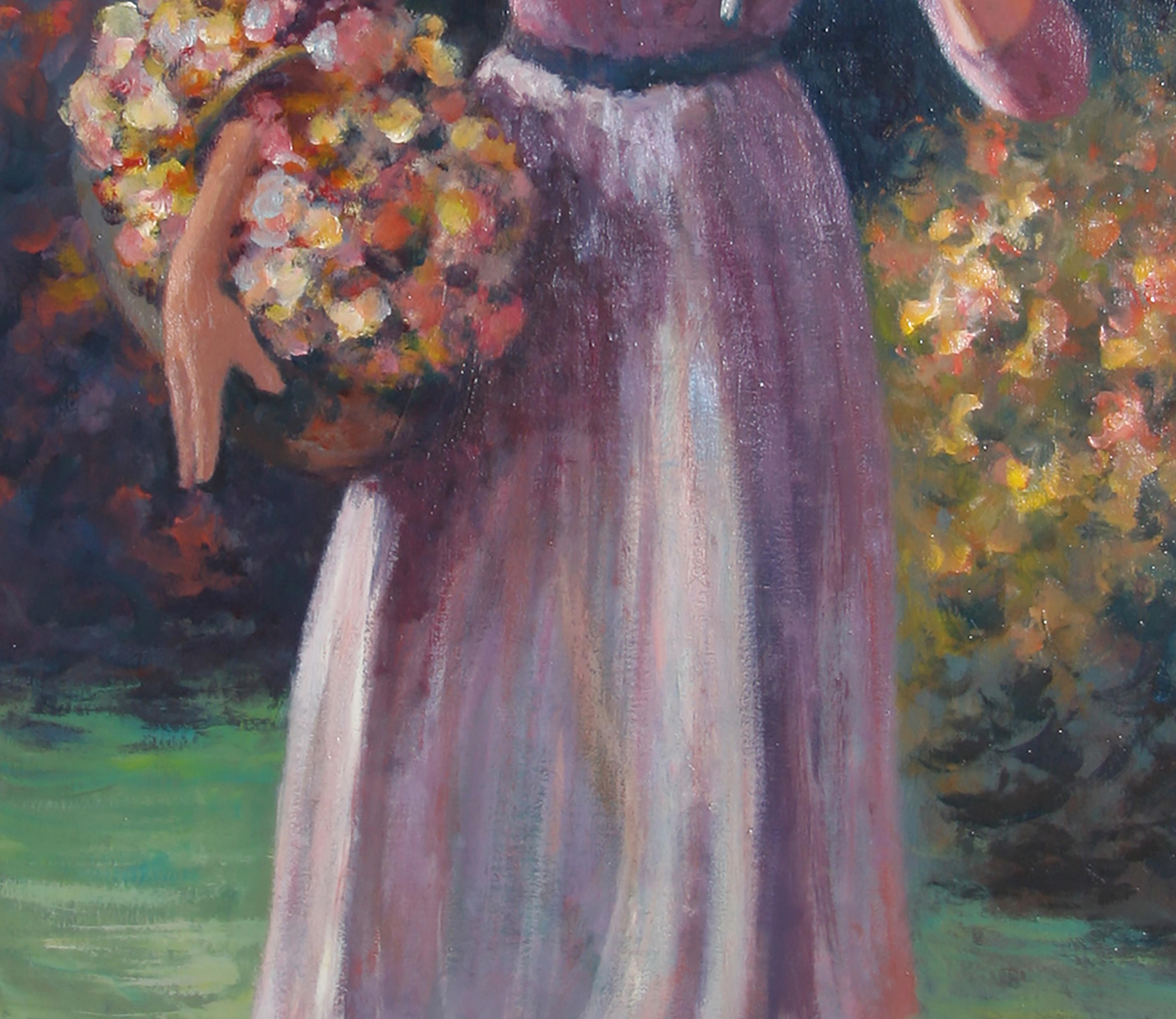 Mädchen mit einem Blumenkorb, impressionistisches Ölgemälde von Philippe Alfieri im Angebot 2
