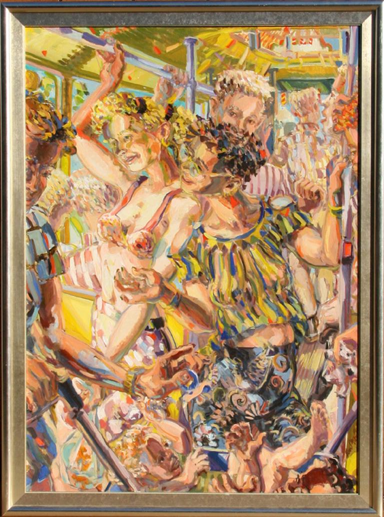 Figurative Painting de Ken Mabrey - Jinetes del metro, pintura al óleo abstracta figurativa