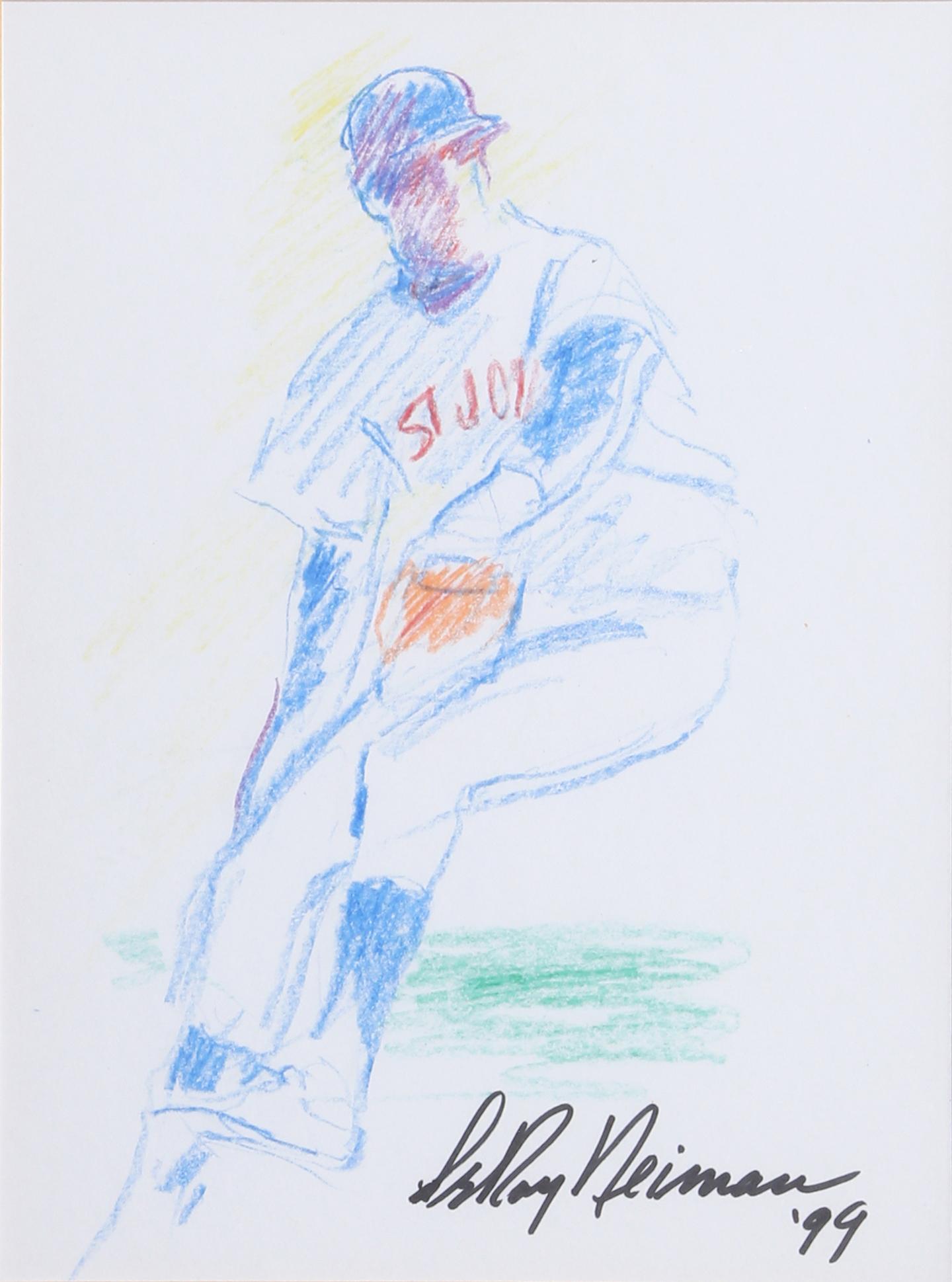 Leroy Neiman Figurative Art - St. Johns Baseball Pitcher, Drawing by LeRoy Neiman