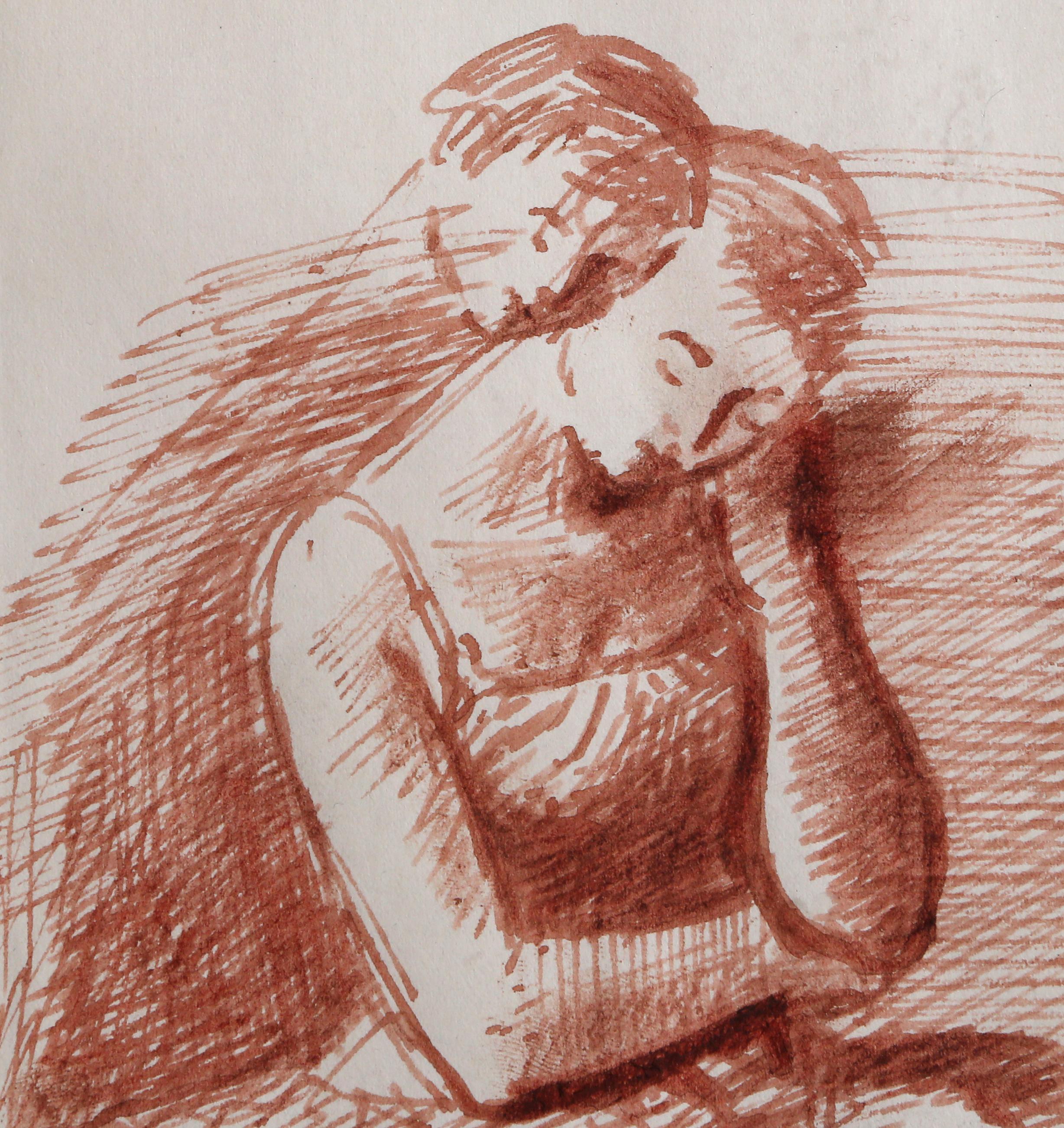 Artist: Raphael Soyer, Russian/American (1899 - 1987)
Title: Pensive Dancer
Year: circa 1956
Medium: Pencil on Paper, signed lower right
Paper Size: 8 x 5 inches 
Frame: 11.5 x 9.5 inches