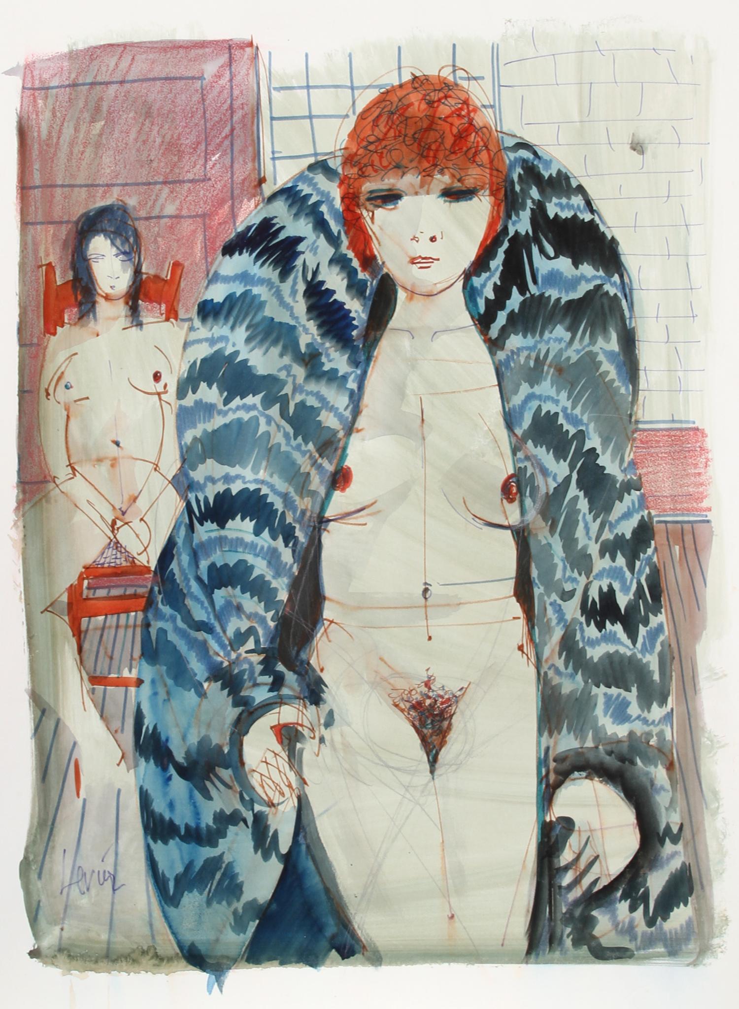 Nude in Furs, Watercolor Painting by Charles Levier