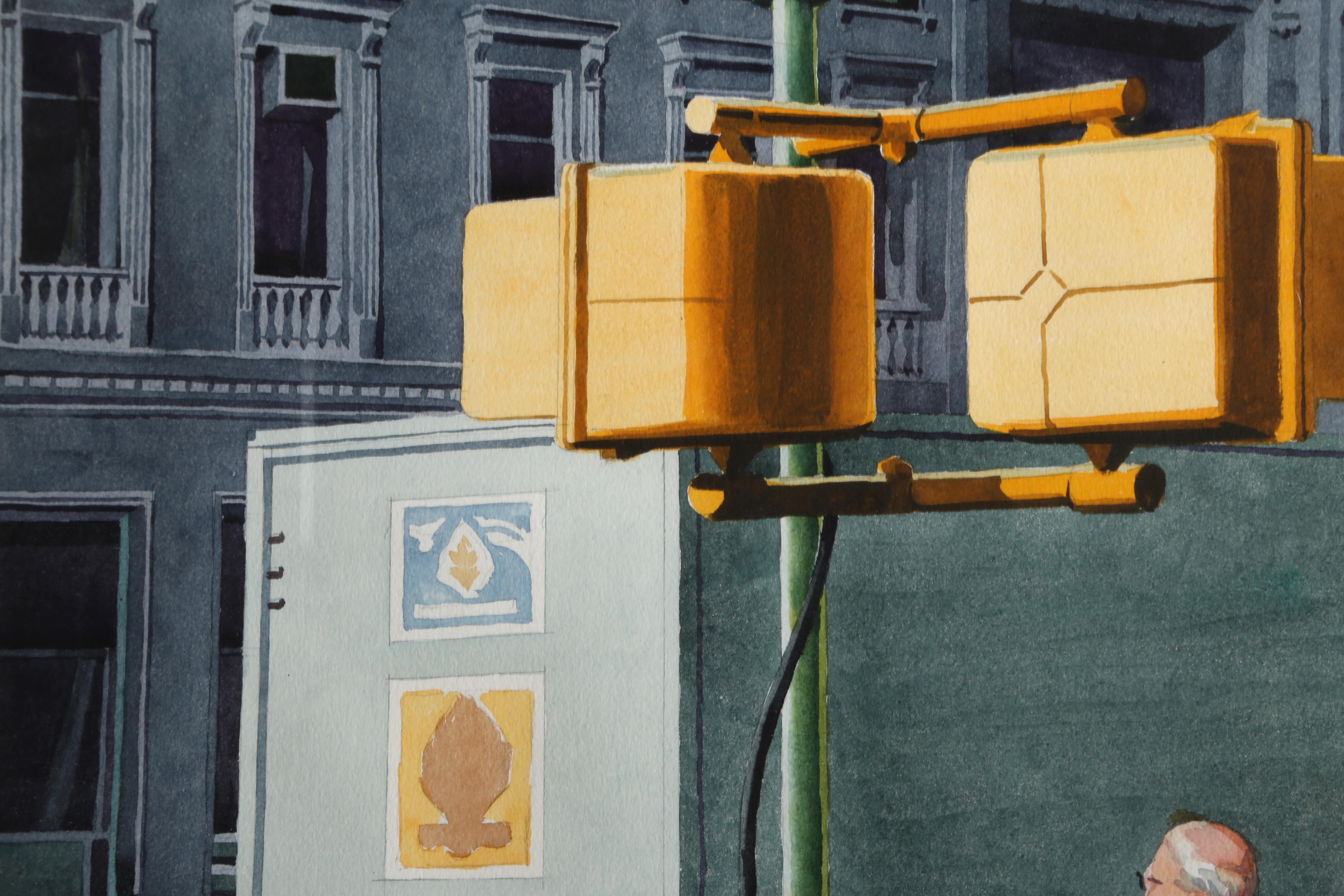 Crosswalk, New York City, Photorealist Watercolor on Paper by Don David For Sale 1
