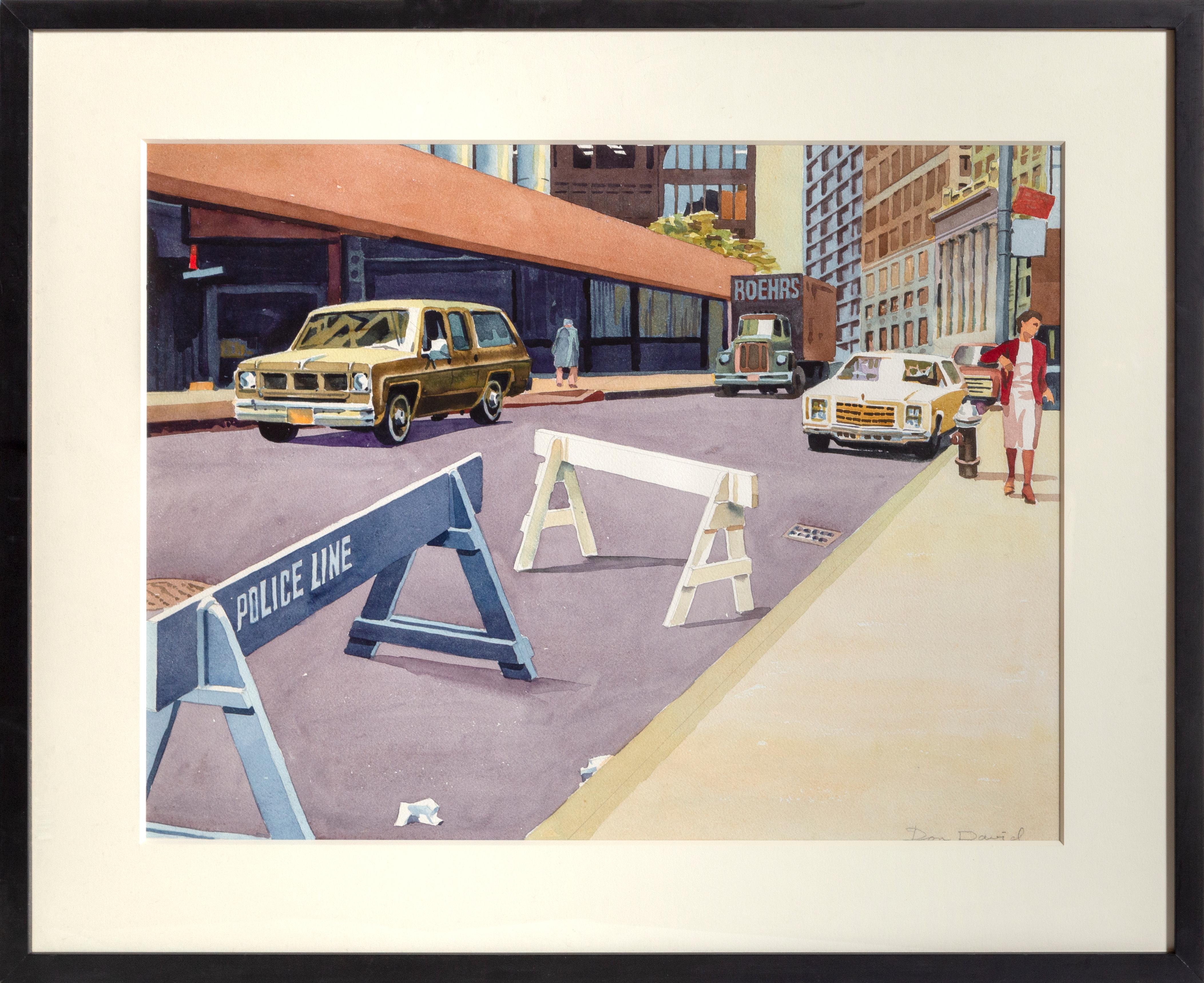 Künstler: Don Davis
Titel: Polizeilinie
Medium: Aquarell auf Papier, rechts unten signiert
Bildgröße: 18 x 24 Zoll
Rahmengröße: 24,5 x 30,25 Zoll

Auf diesem Aquarell des amerikanischen Künstlers Don David steht der Betrachter am Rande des