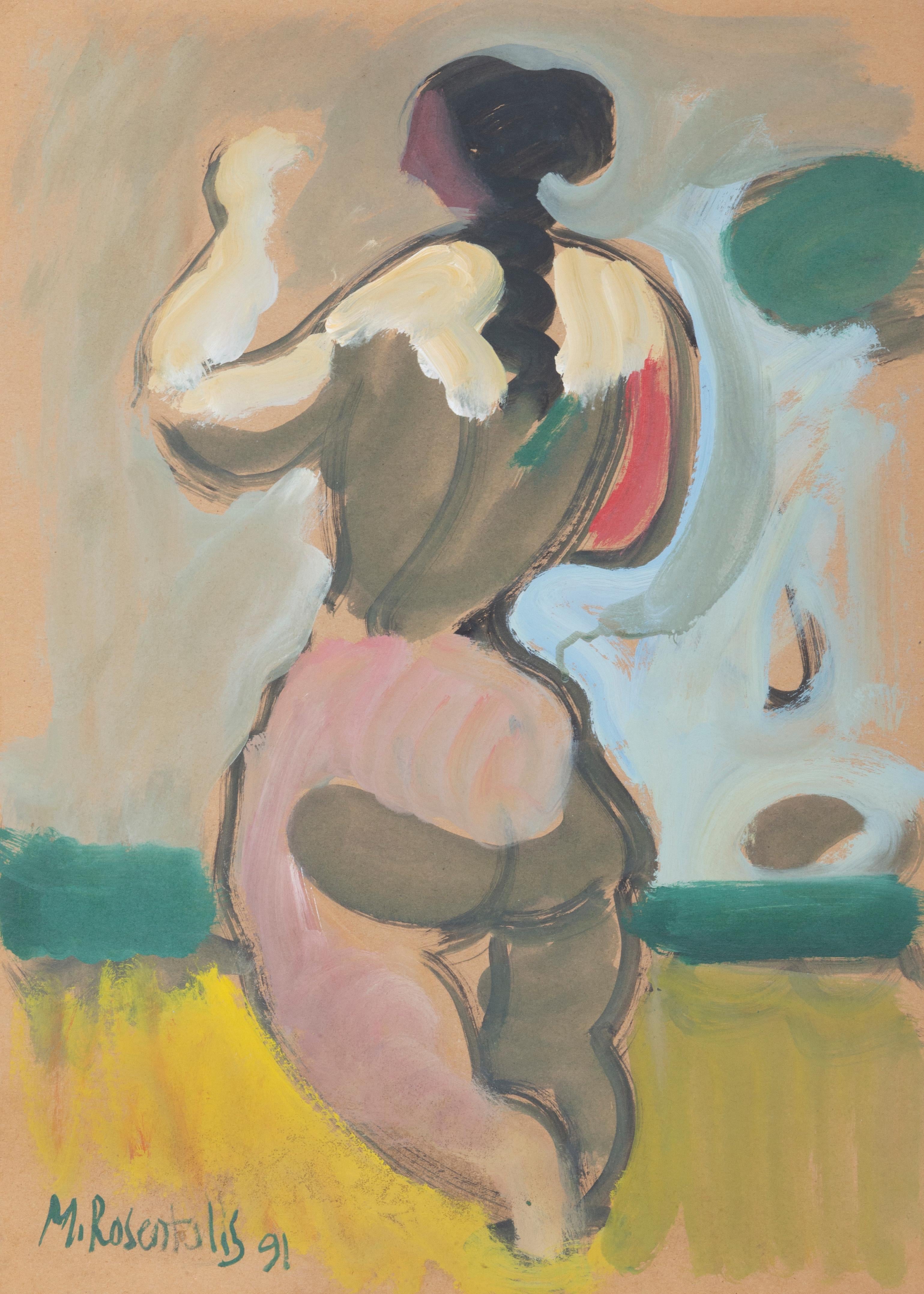 Standing Nude, Abstract Gouache Painting by Moshe Rosenthalis