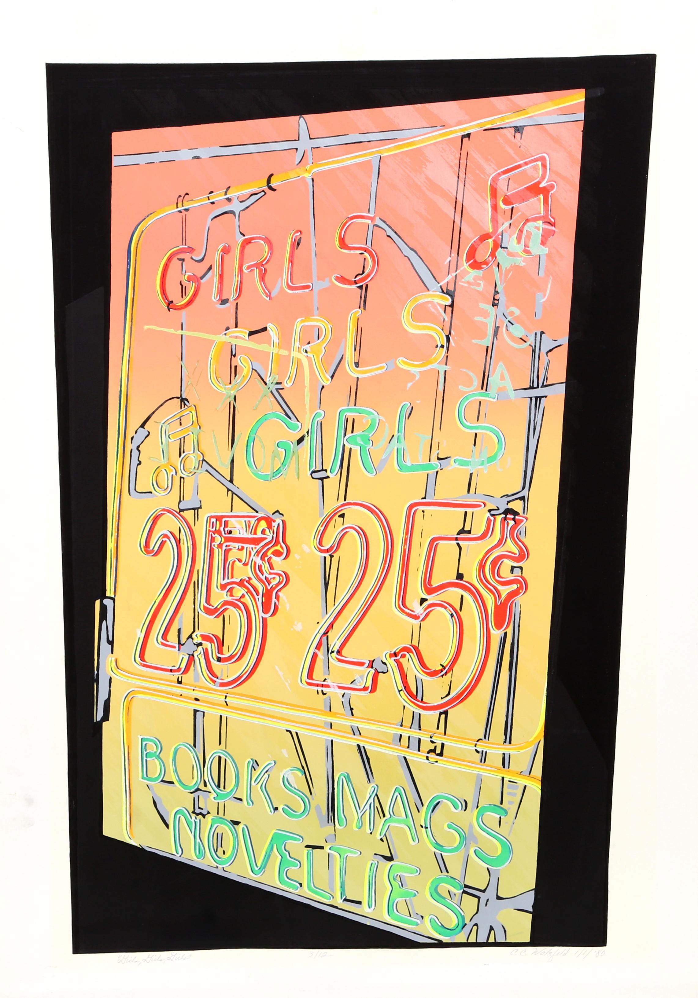 Artist: Cindy Wolsfeld, American (1953 - )
Title: Girls, Girls, Girls
Year: 1980
Medium: Screenprint, signed and numbered in pencil
Edition: AP 12
Image Size: 29 x 19 inches
Size: 33  x 23 in. (83.82  x 58.42 cm)