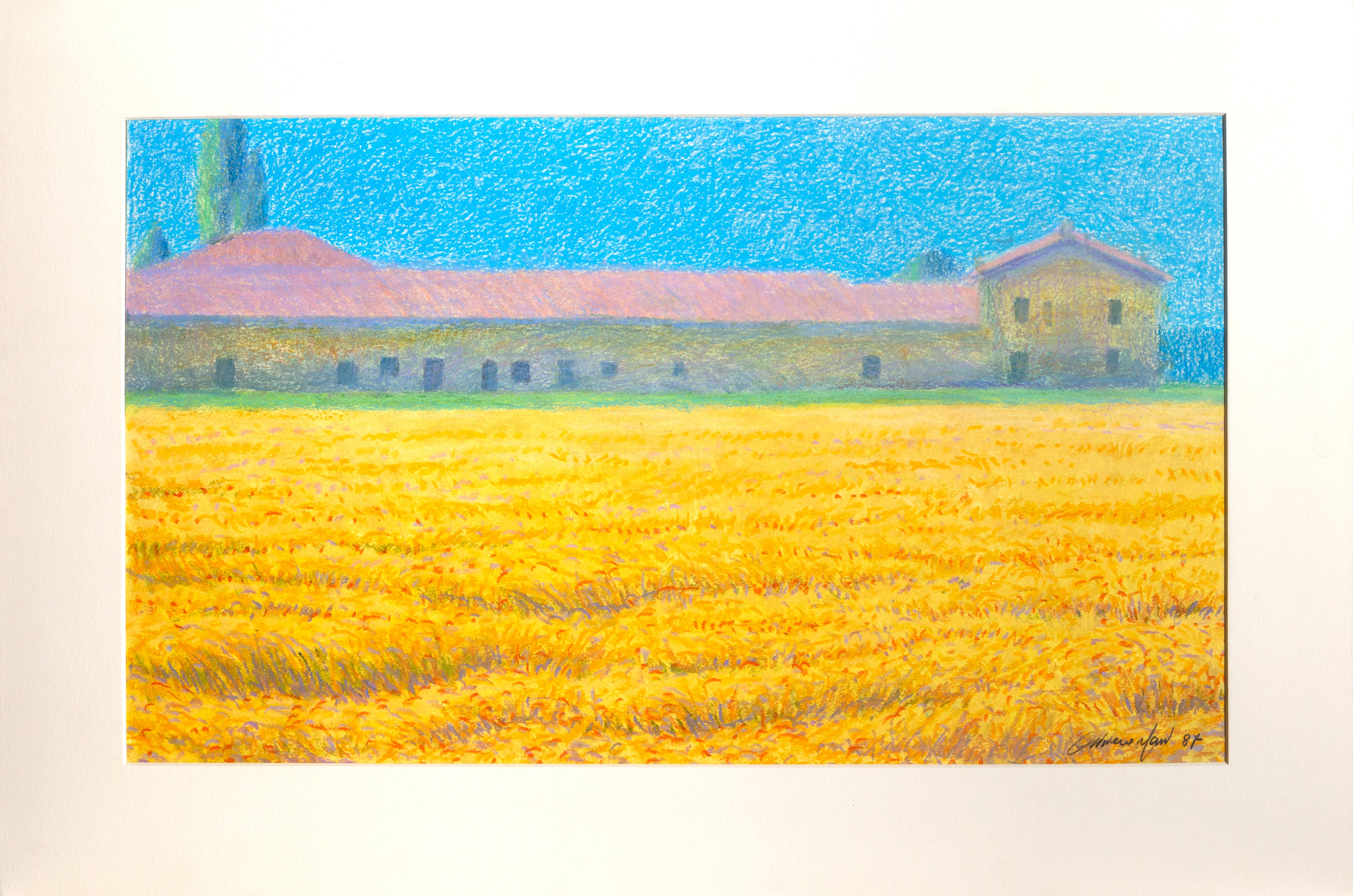 Wheat Field and House, Pastel Landscape - Art by Oliviero Masi