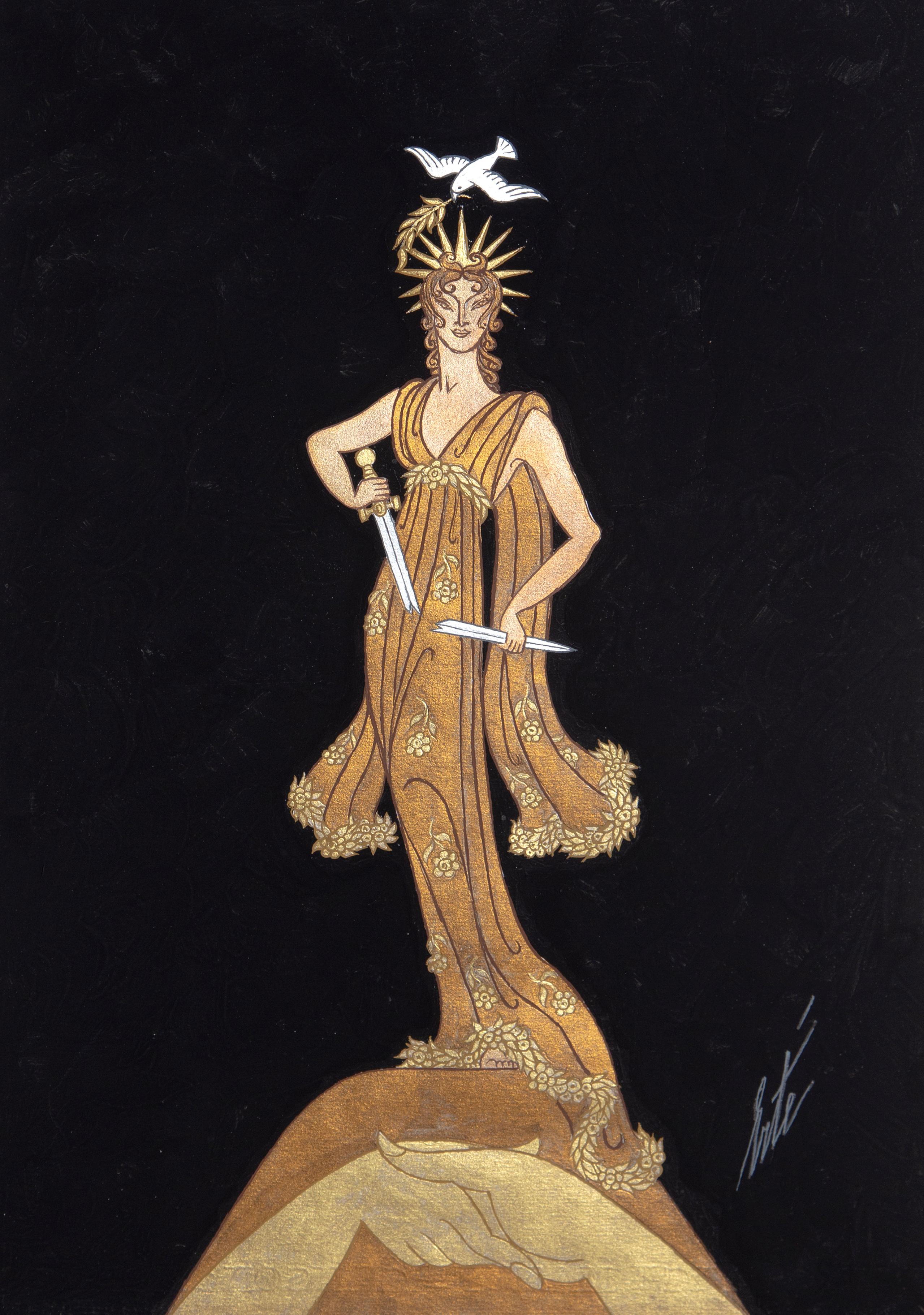 Erté Figurative Art - Statue de la Paix, Art Deco Gouache Painting by Erte