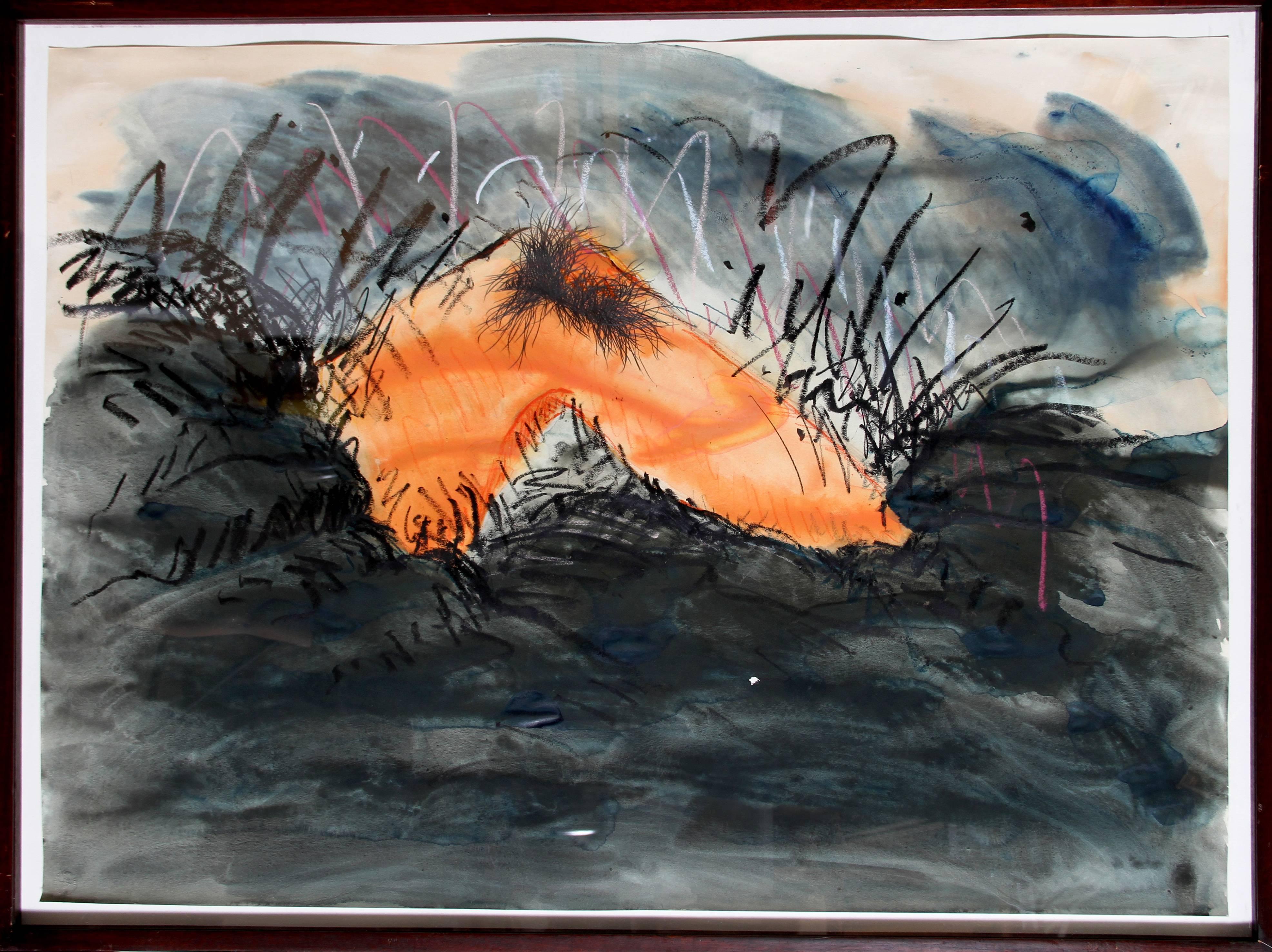 Jody Pinto, « Paysage aux pieds orange, dessin technique mixte, 1979