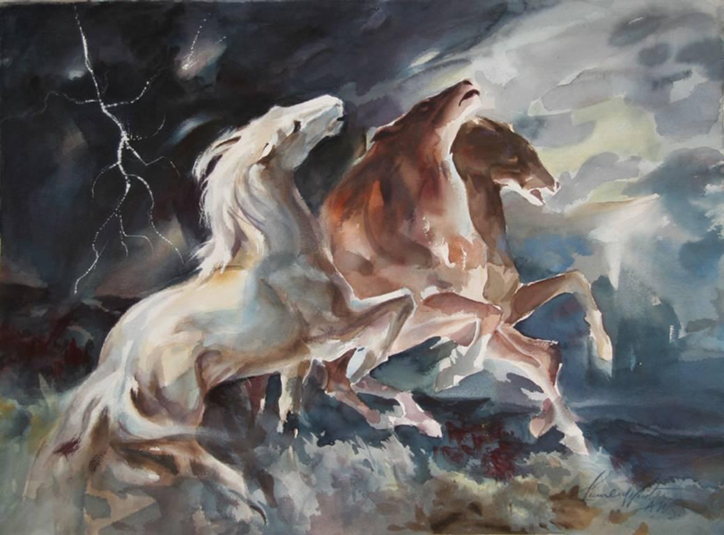 Dieses Gemälde wurde von dem amerikanischen Künstler Lumen Martin Winter geschaffen. Winters figurative Pferdebilder spielen manchmal mit dem Rand der Abstraktion, was zu einem expressionistischen Gefühl führt. Dieses Gemälde in seinem typischen