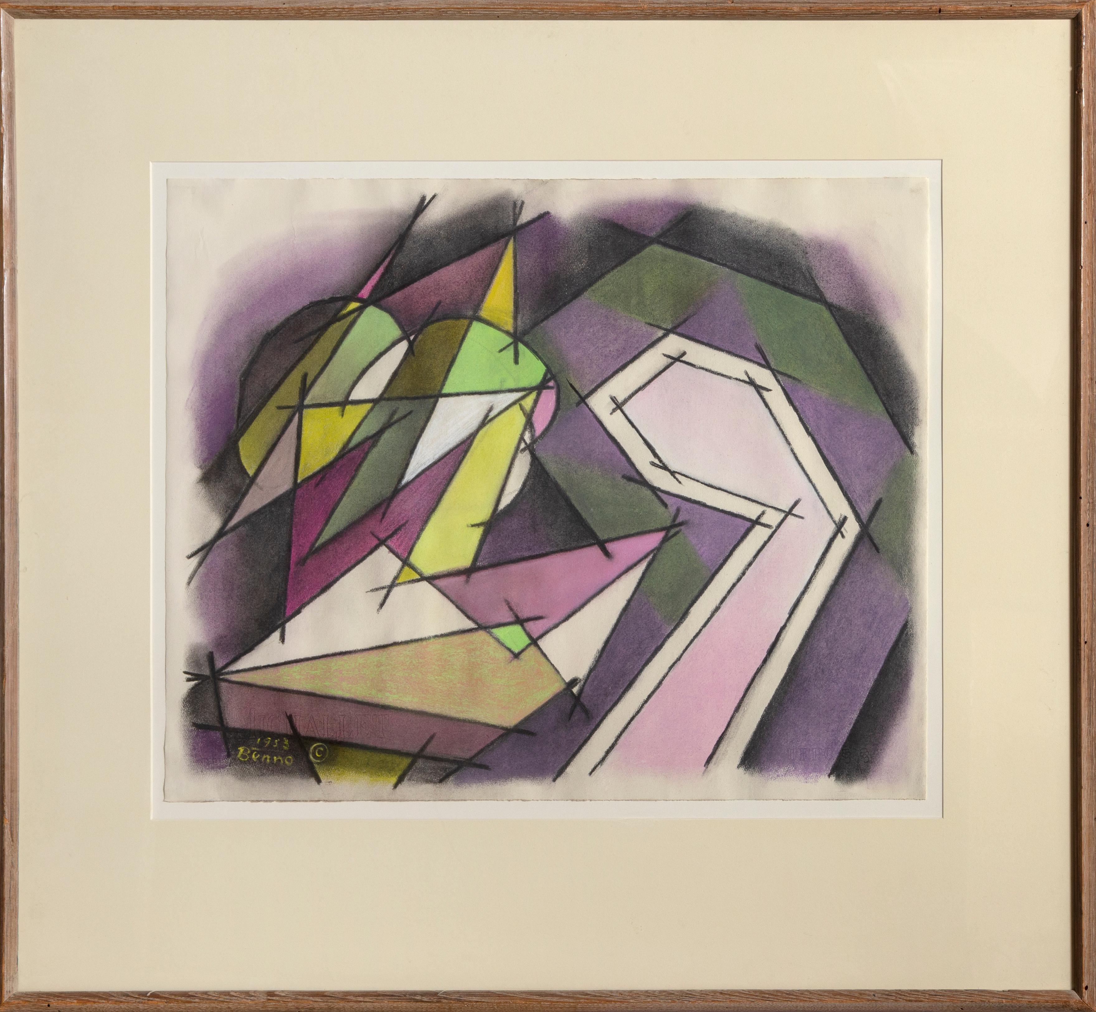 Kubistisches Stillleben mit grauer, grüner und violetter Zeichnung von Benjamin Benno, 1953