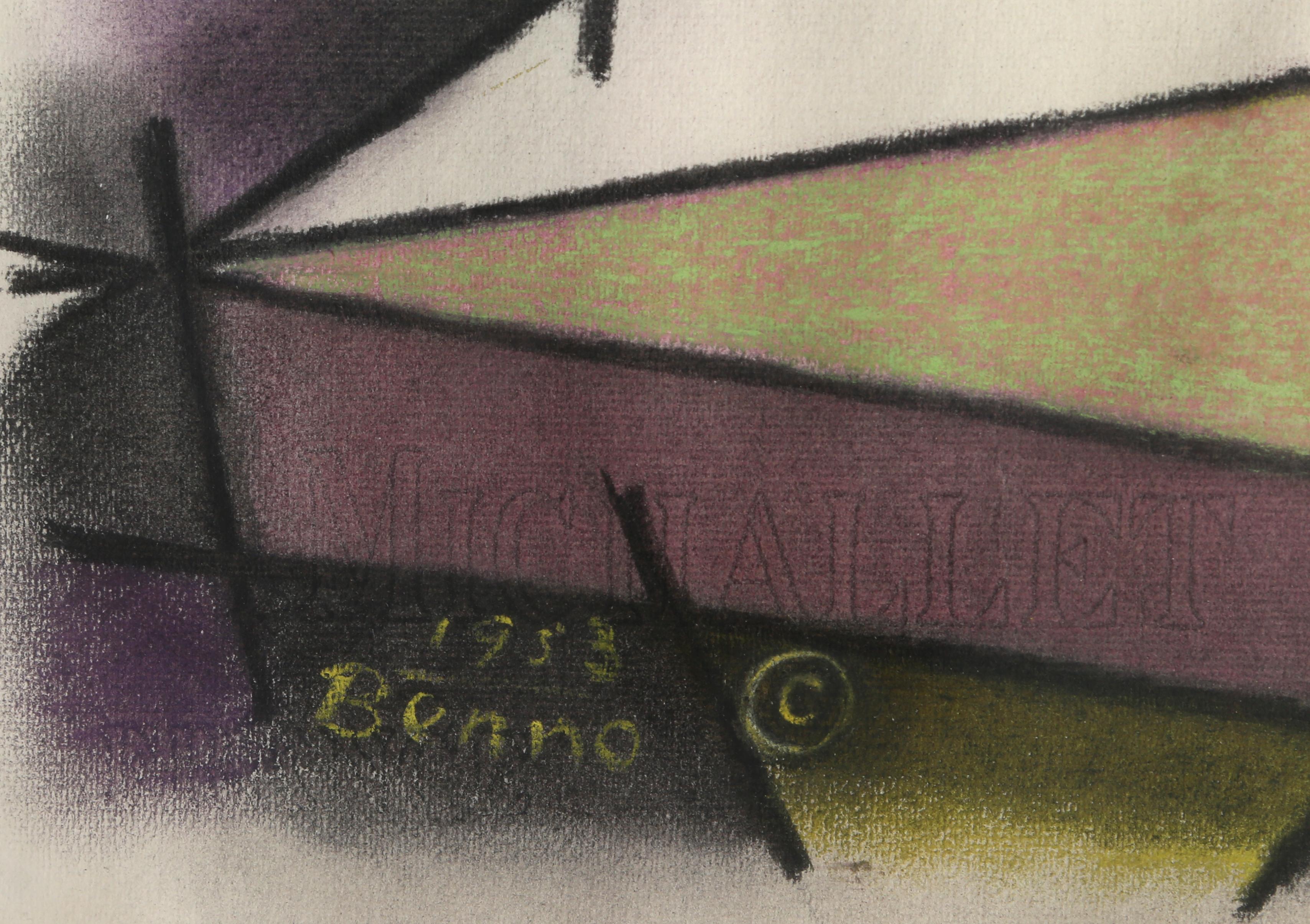 Kubistisches Stillleben mit grauer, grüner und violetter Zeichnung von Benjamin Benno, 1953 (Beige), Abstract Drawing, von Benjamin G. Benno