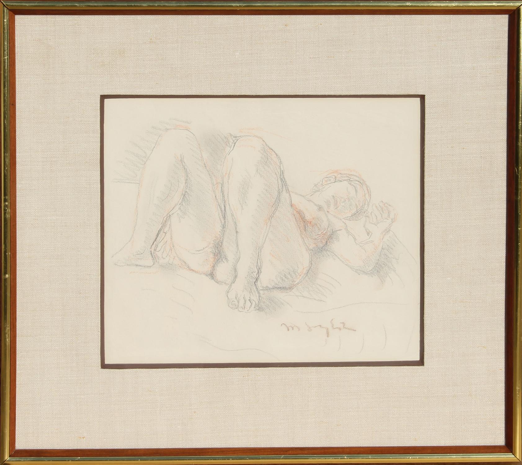 Reclining Nude, Framed Original Modern Pastel Drawing on Paper by Moses Soyer